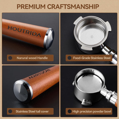 Portafiltro HOUTRIDA con cesta 14-16 g para dosis consistentes.