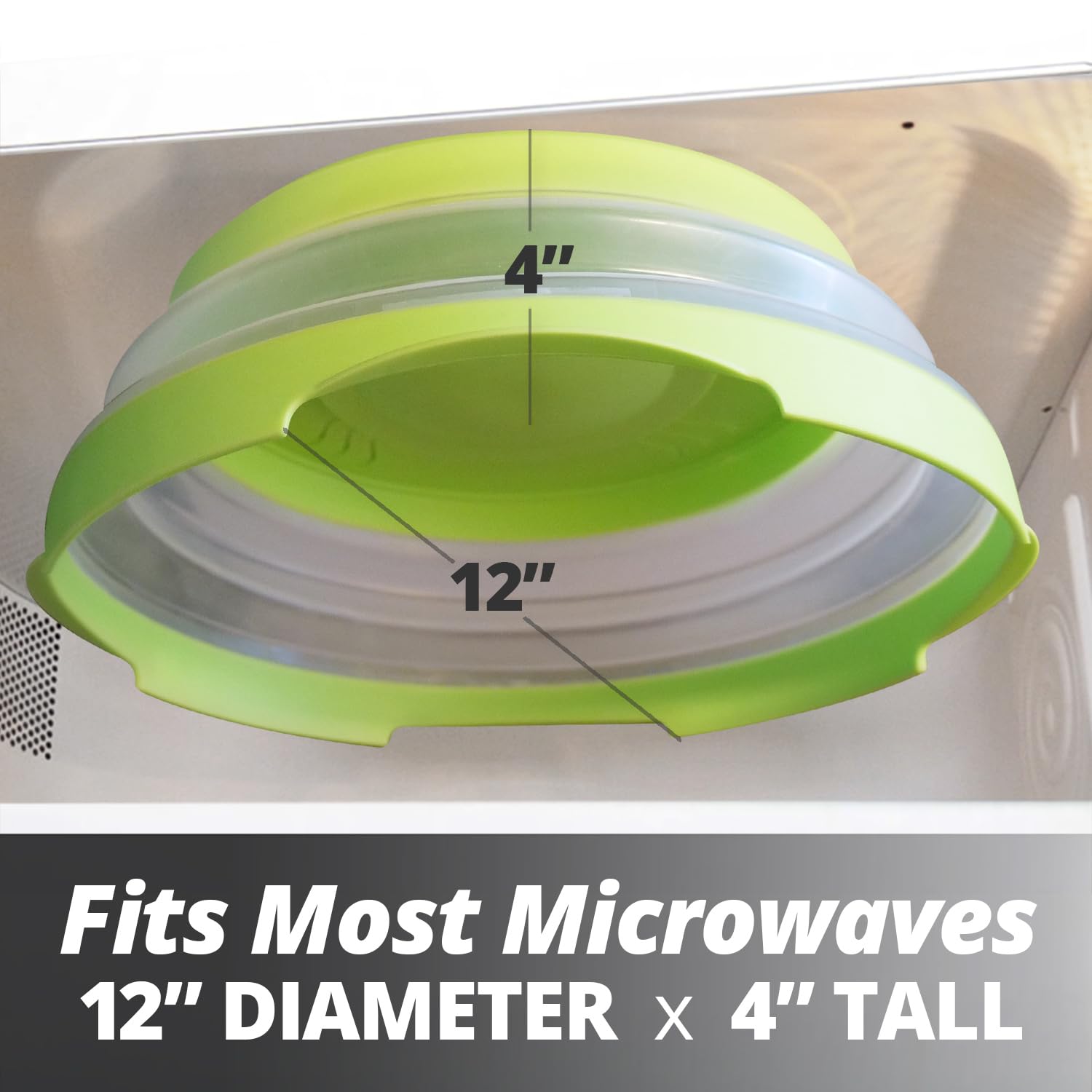 Hover Cover: almacenamiento magnético colapsable para guardar fácilmente en el techo del microondas.