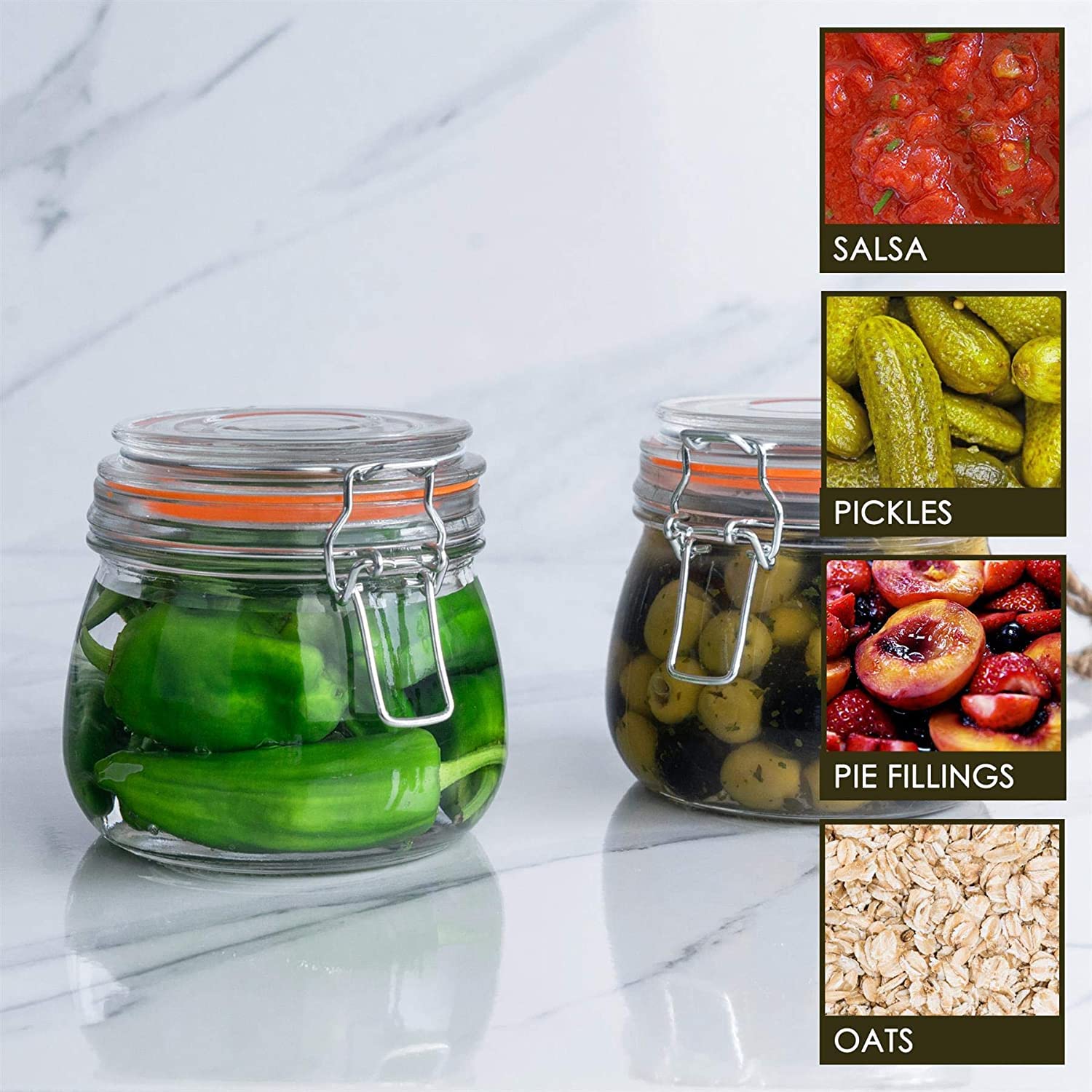 Frascos transparentes Hovico con tapas abatibles para aperitivos y porciones.