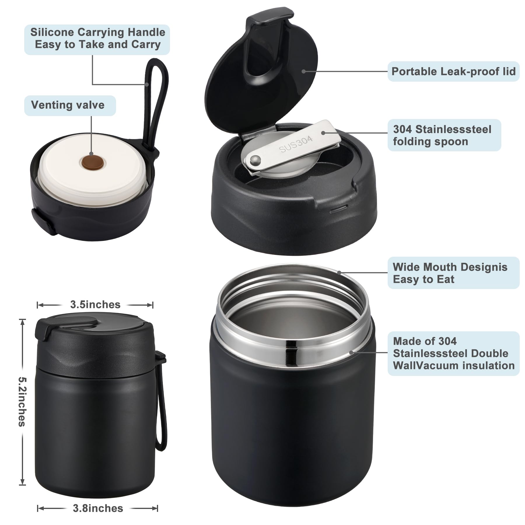 Howeemo termo de doble pared de acero 304 para comida caliente o fría