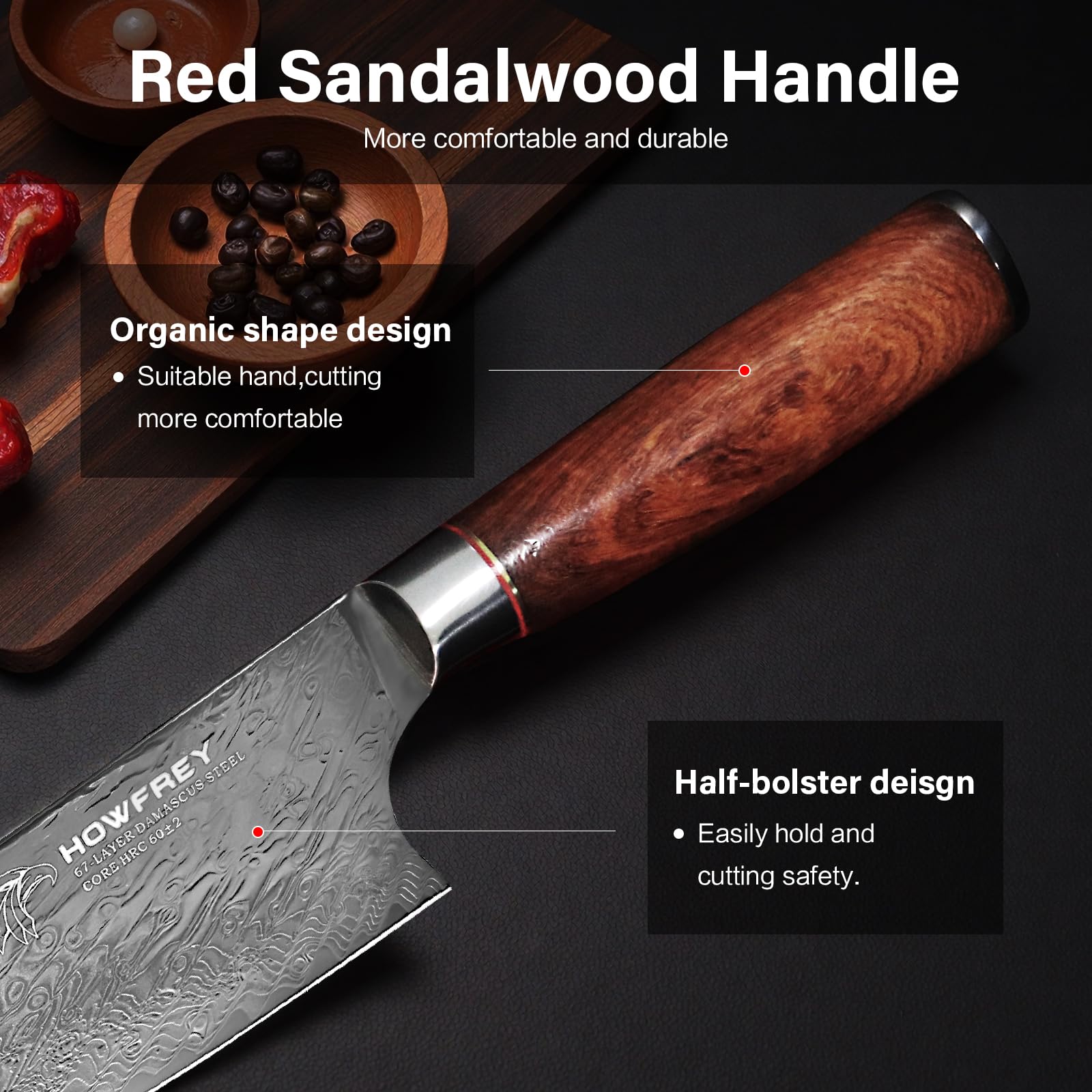 Vista del cuchillo Howfrey damasco de 8 pulgadas para uso diario.