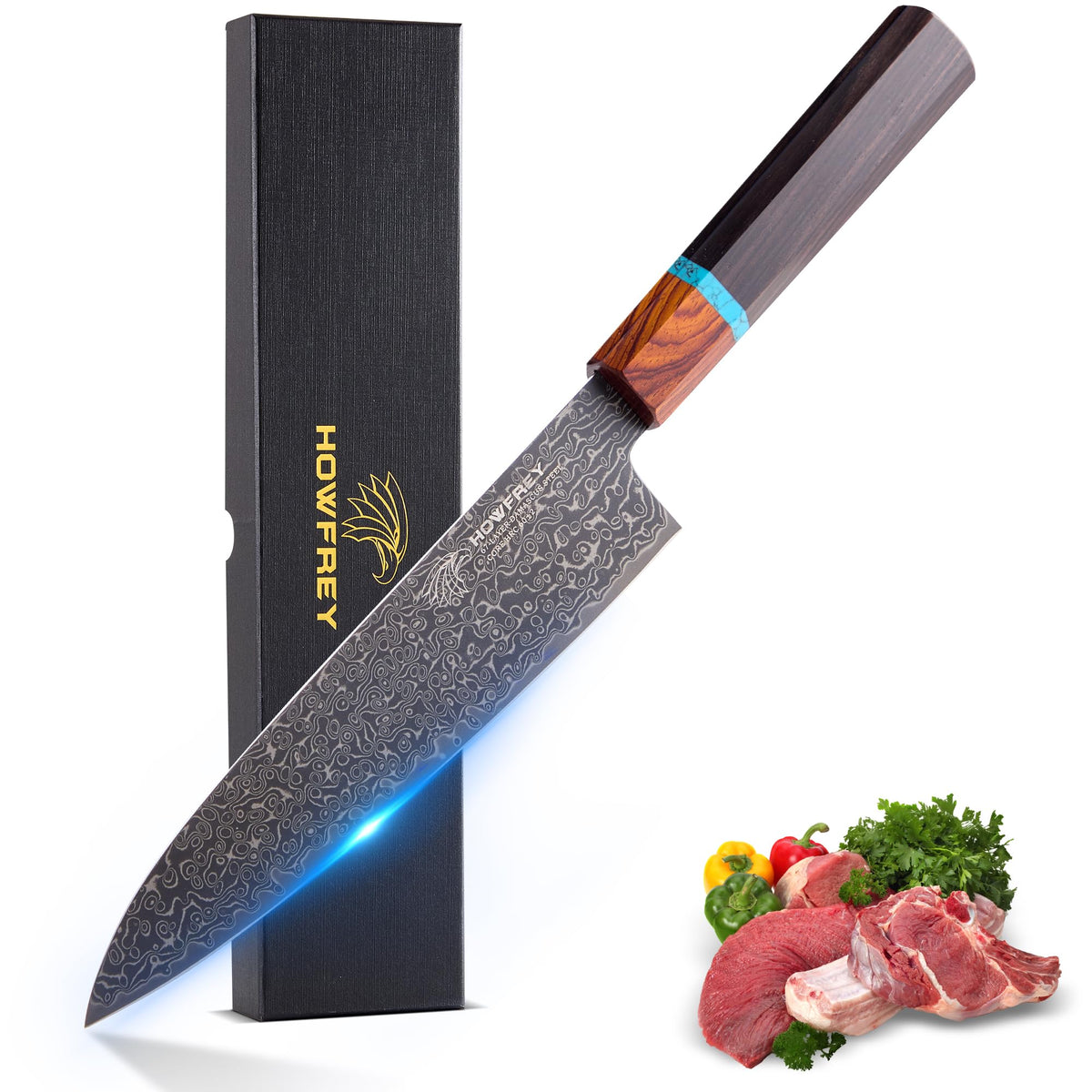 howfrey cuchillo chef damasco, hoja de 8 pulgadas para cortes precisos