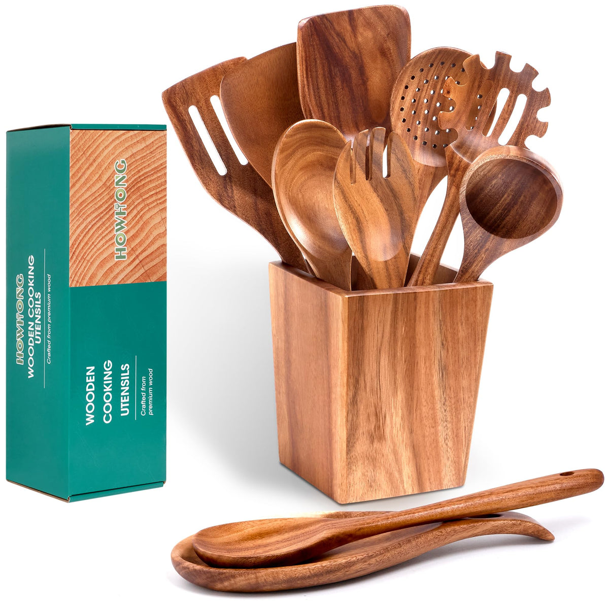 HOWHONG Cucharas de madera acacia: juego completo para cocinar diario con agarre cómodo.