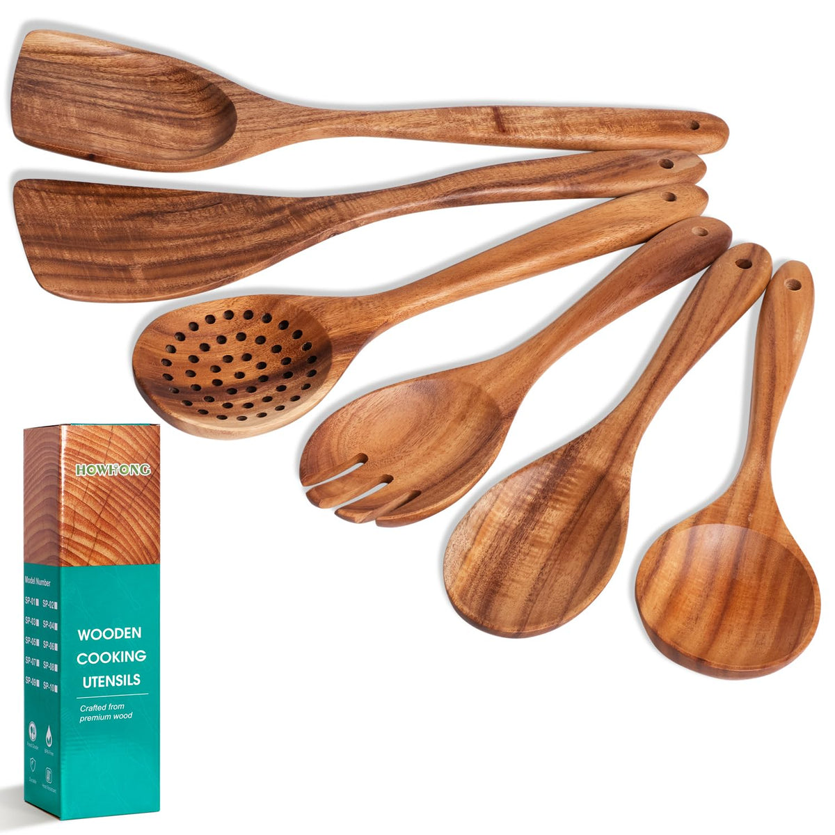 HowHong cucharas de madera teca, juego de 6 para cocinar diariamente con agarre estable