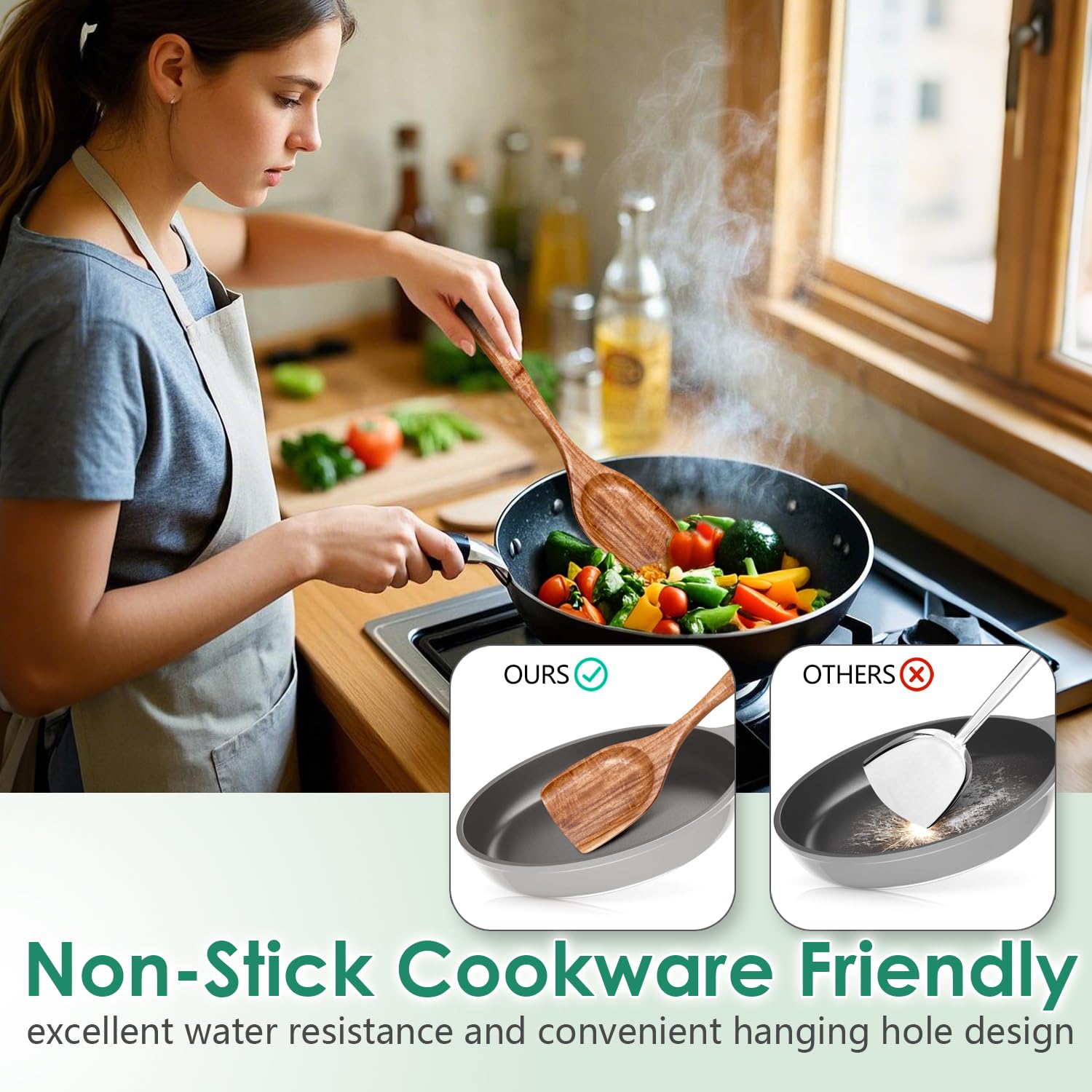 Detalle del grano natural de teca en utensilios HowHong para un toque premium