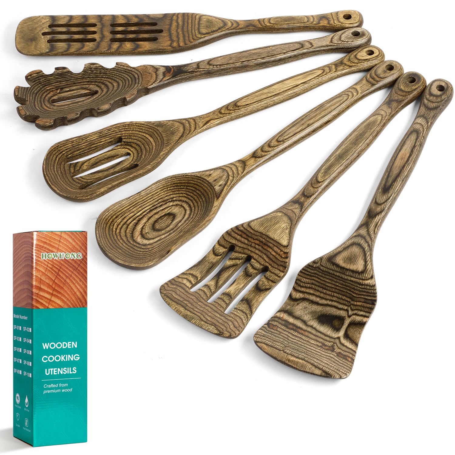 HOWHONG set-utensilios-madera-cocina-6-piezas con acabado granito, ideal para uso diario.