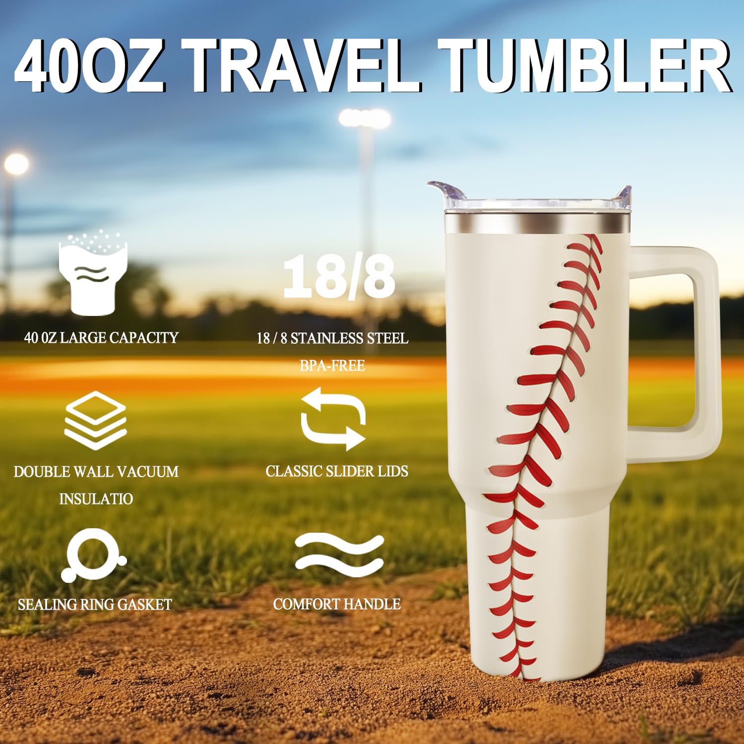 Tapa hermética para vaso béisbol 40oz que evita derrames