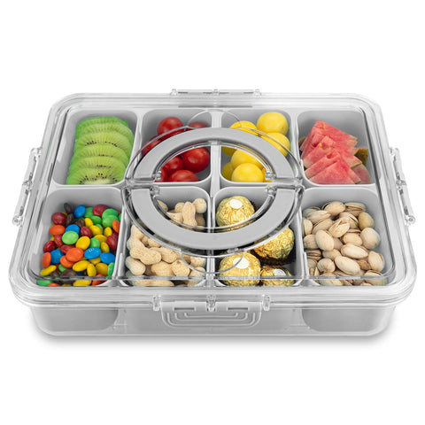 HRXFOZ bandeja dividida con tapa y asa para transportar aperitivos fácilmente.