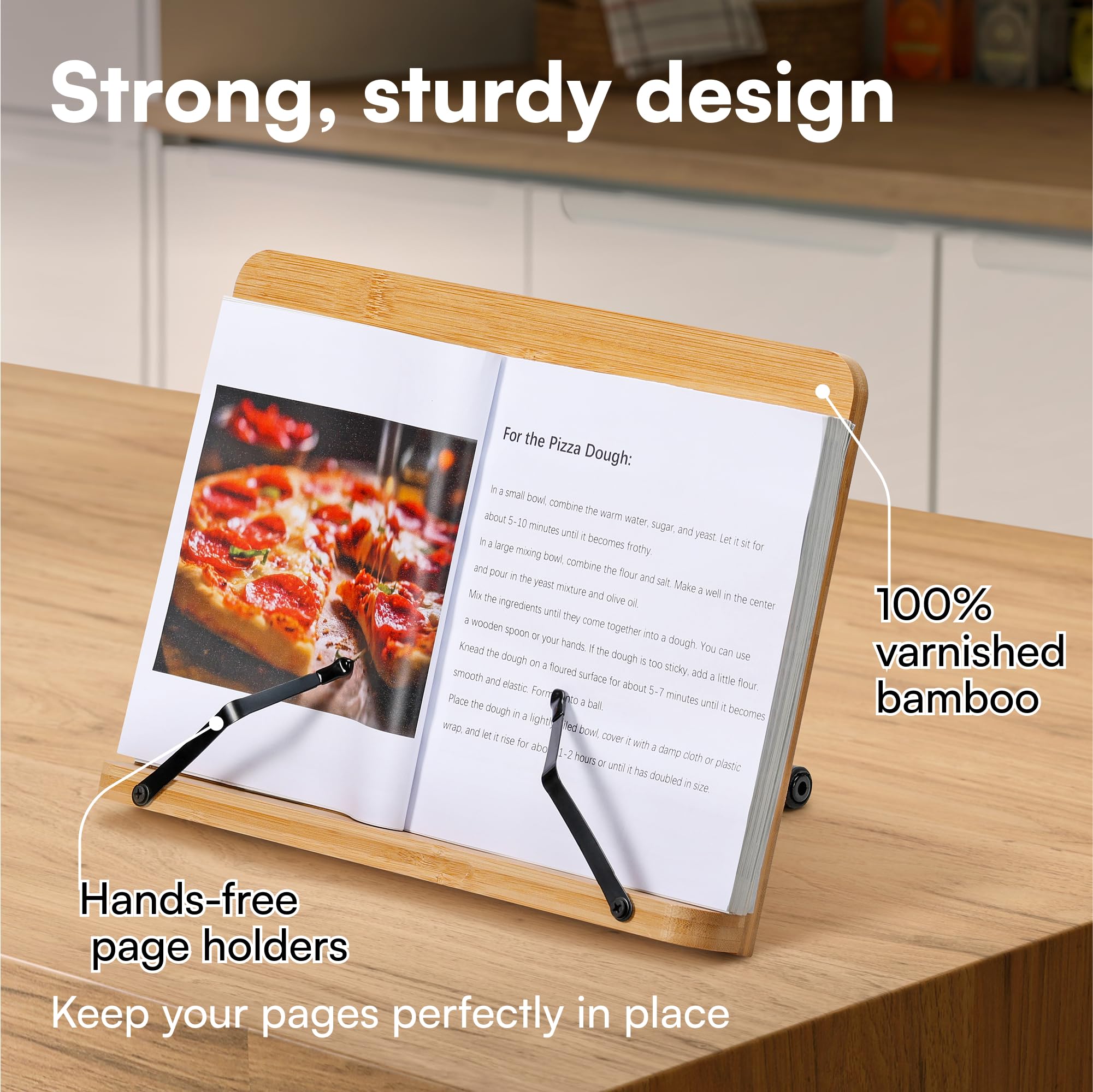Soporte H&S de bambú para recetas plegable en cocina, manos libres.