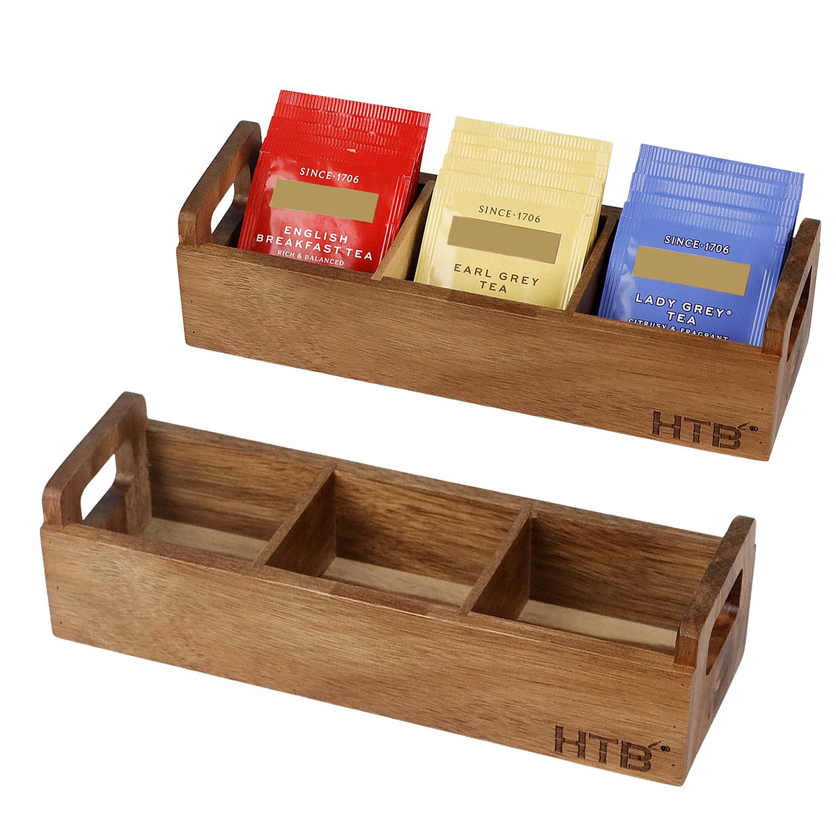 HTB caja de té de acacia con tres compartimentos para organizar bolsitas