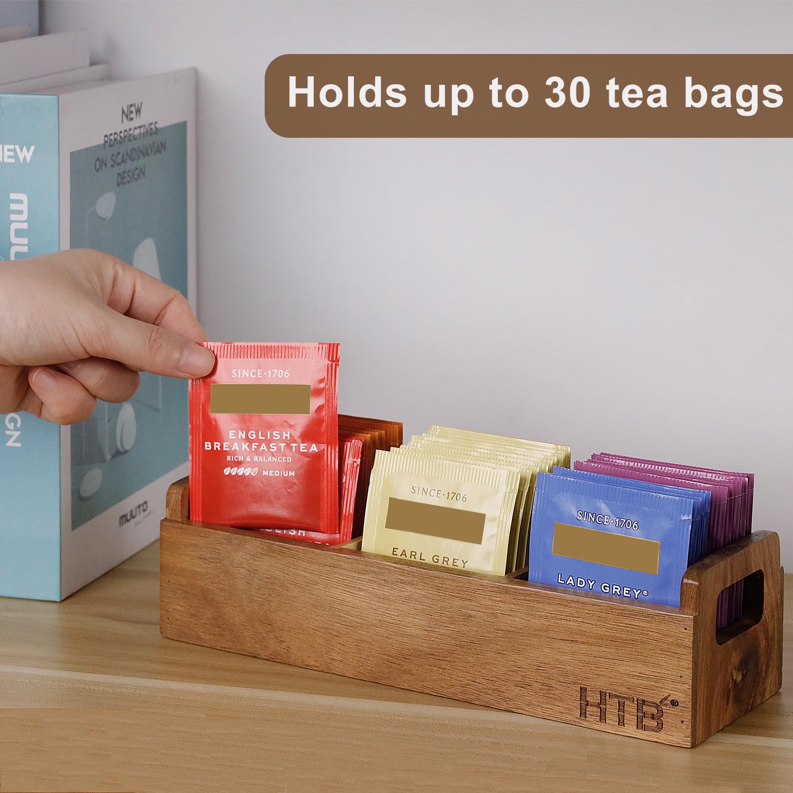 HTB caja de té natural de acacia, diseño único para tu encimera.