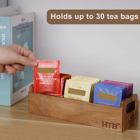 HTB caja de té natural de acacia, diseño único para tu encimera.