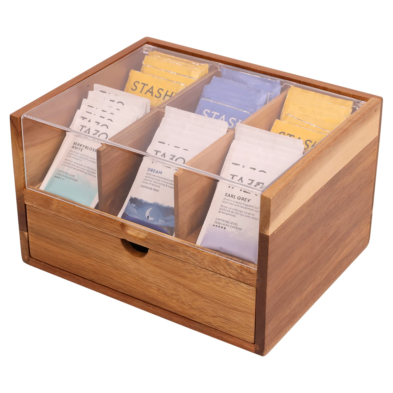 Organizador HTB de dos niveles con tapa acrílica, ideal para ordenar bolsitas de té y accesorios.