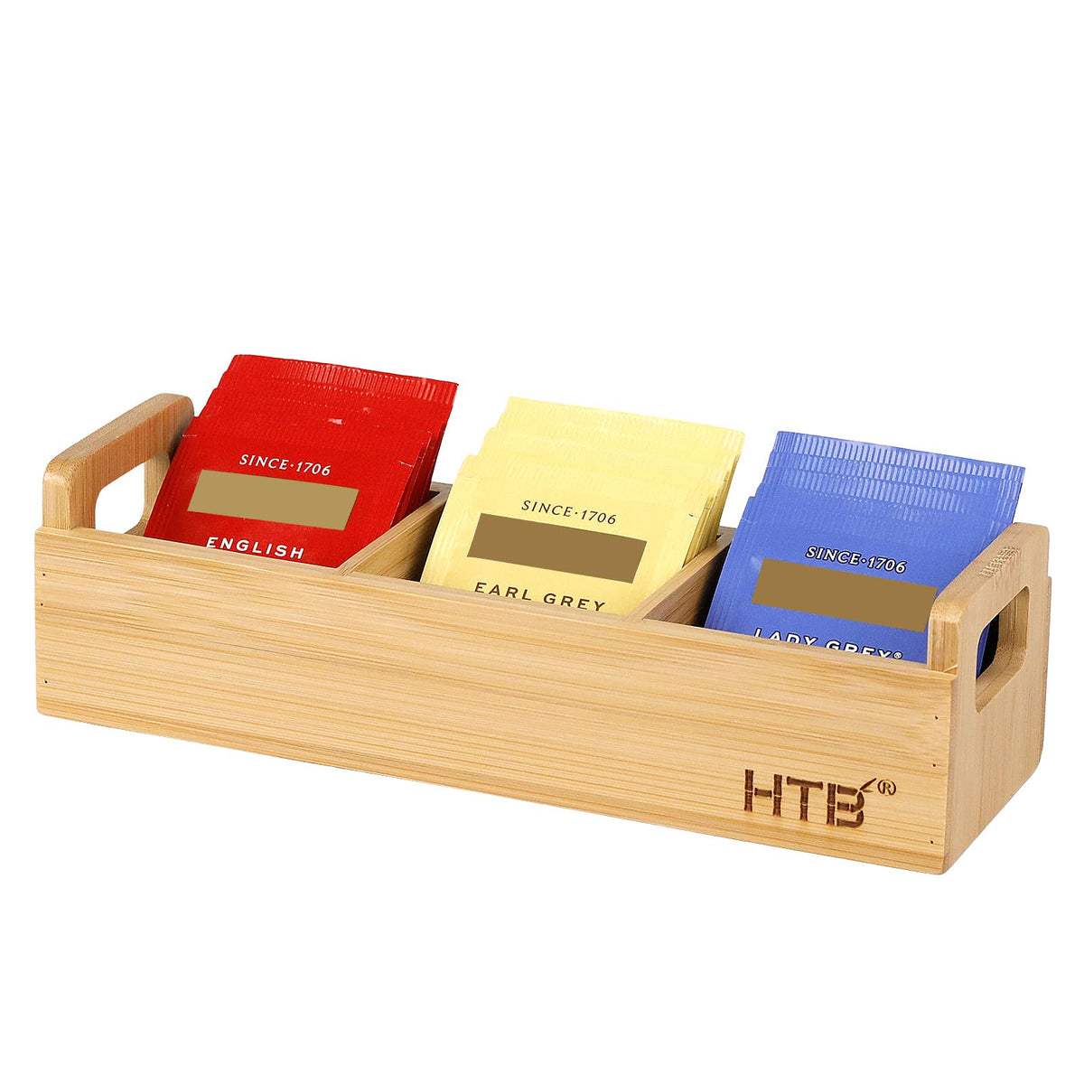 HTB porta bolsitas de té en bambú con tres compartimentos para ordenar el mostrador