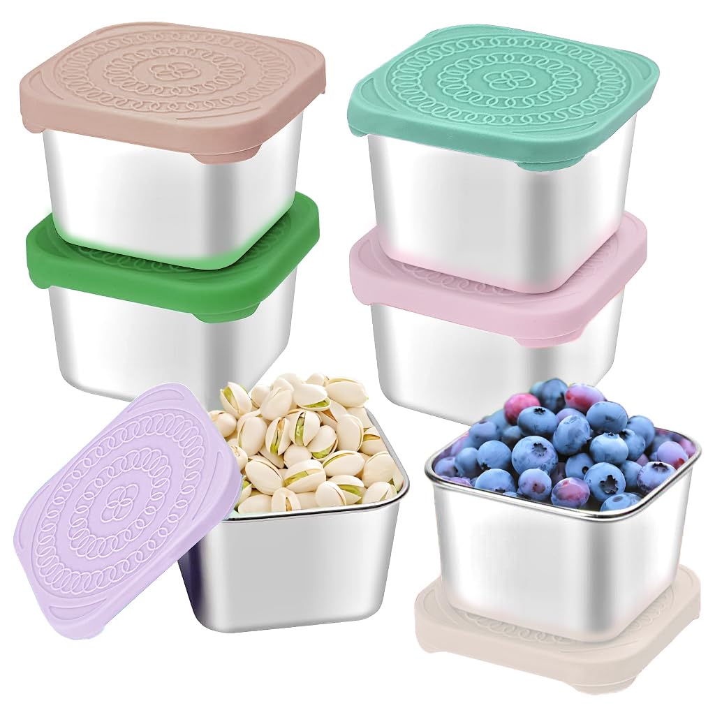 Conjunto de 6 contenedores HTEVW de acero inoxidable de 6 oz para meriendas infantiles, fáciles de llevar.