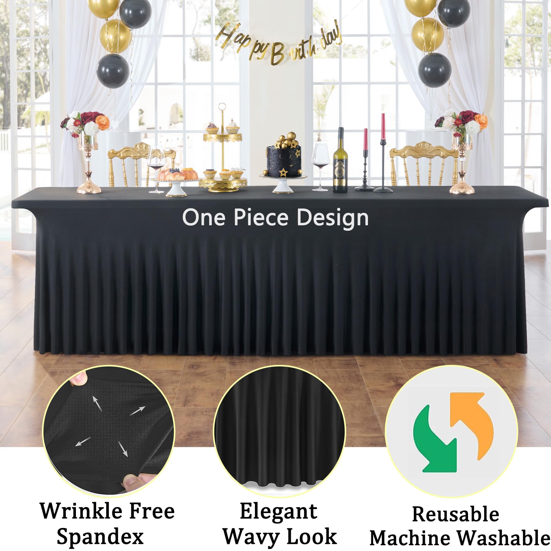 Htper mantel spandex negro para mesa de 8 pies, pliegues elegantes.