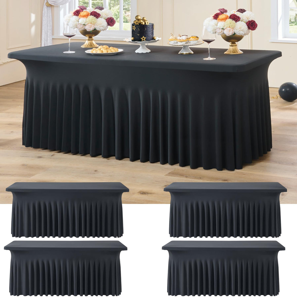 Htper mantel spandex negro en 4 piezas para mesas de 6 pies, ideal para eventos.