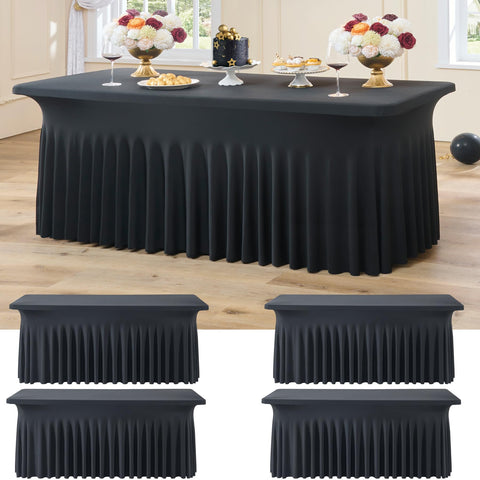 Htper mantel spandex negro en 4 piezas para mesas de 6 pies, ideal para eventos.