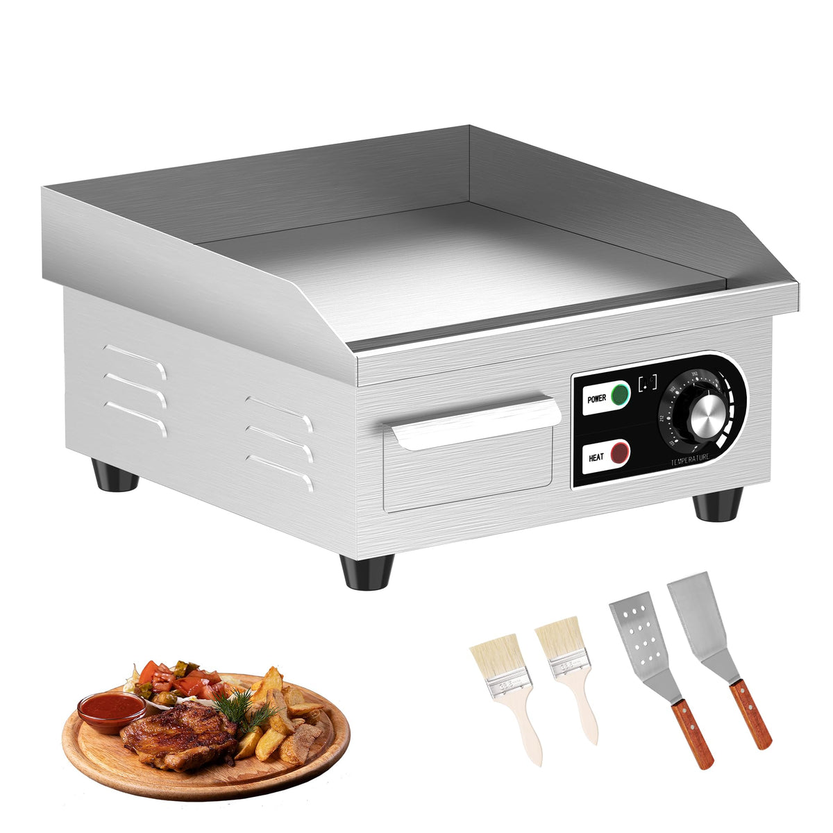 HTTSICHI plancha eléctrica de 14 pulgadas, cuerpo de acero inoxidable, uso comercial