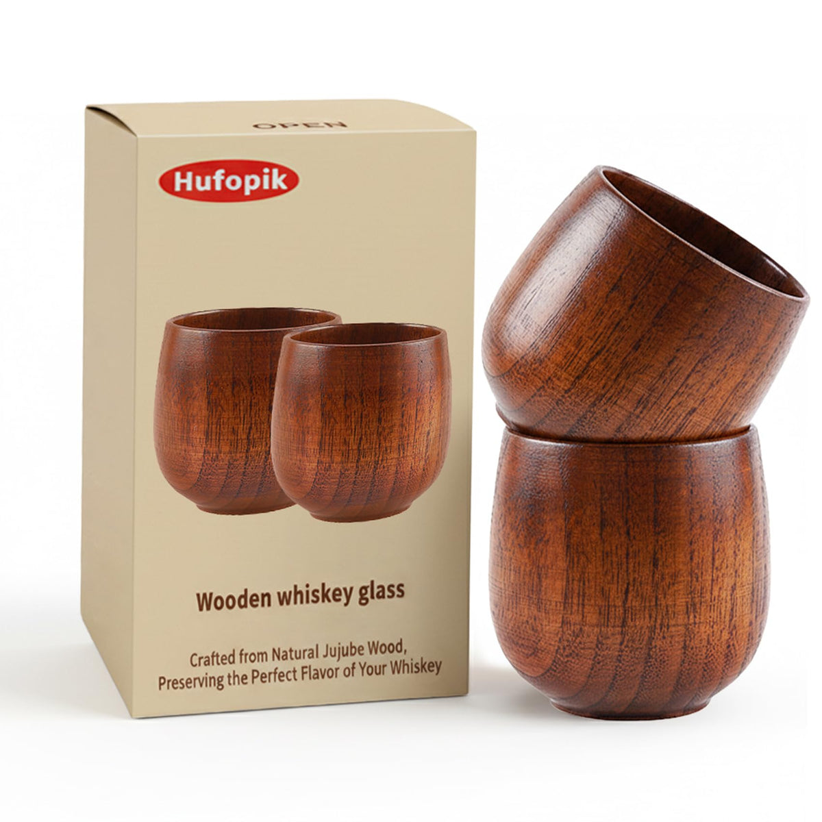 Vaso de whisky Hufopik de madera de jujube, ideal para degustaciones.