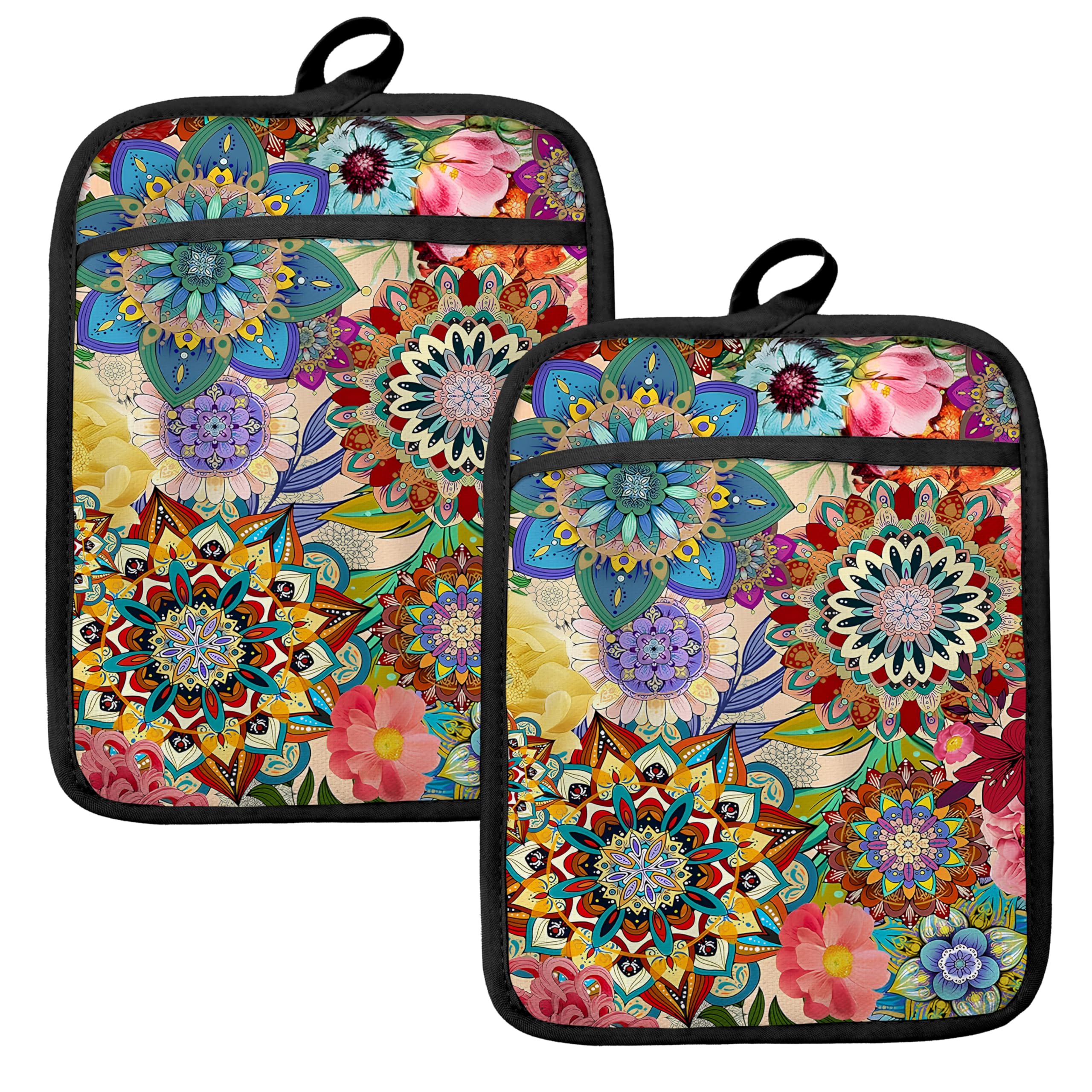 HUGANE guantes de horno con diseño floral bohemio, conjunto, protegen del calor.