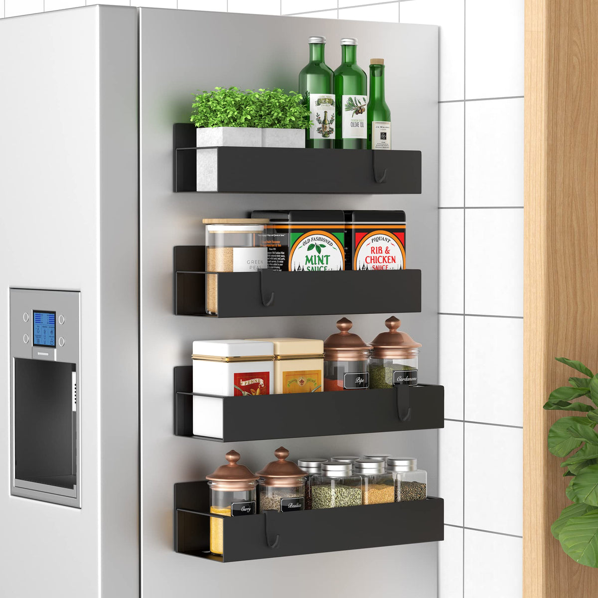 HuggieGems organizador magnético negro para refrigerador, especias al alcance.