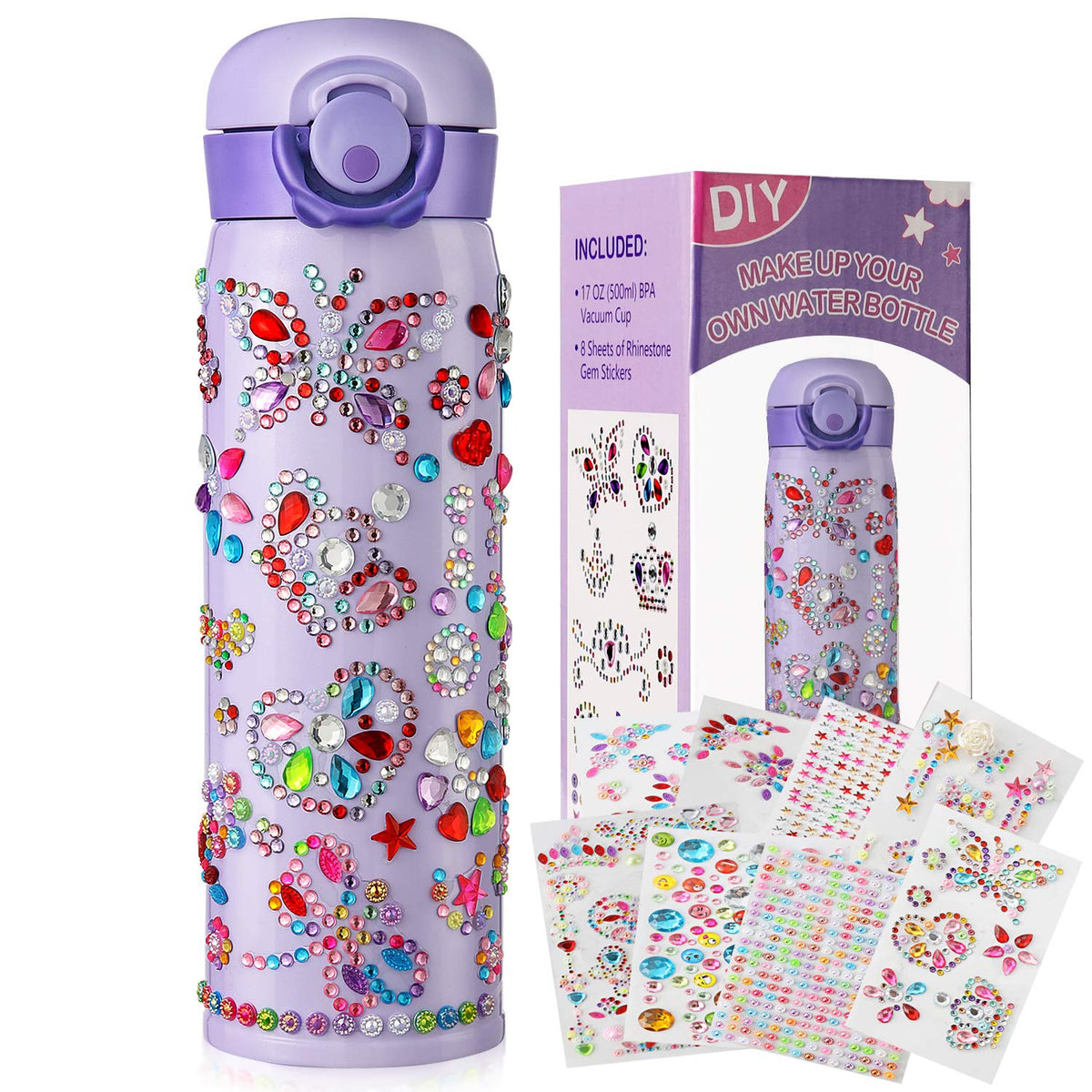 Botella HULASO morada con piedras brillantes para decorar y personalizar bebidas