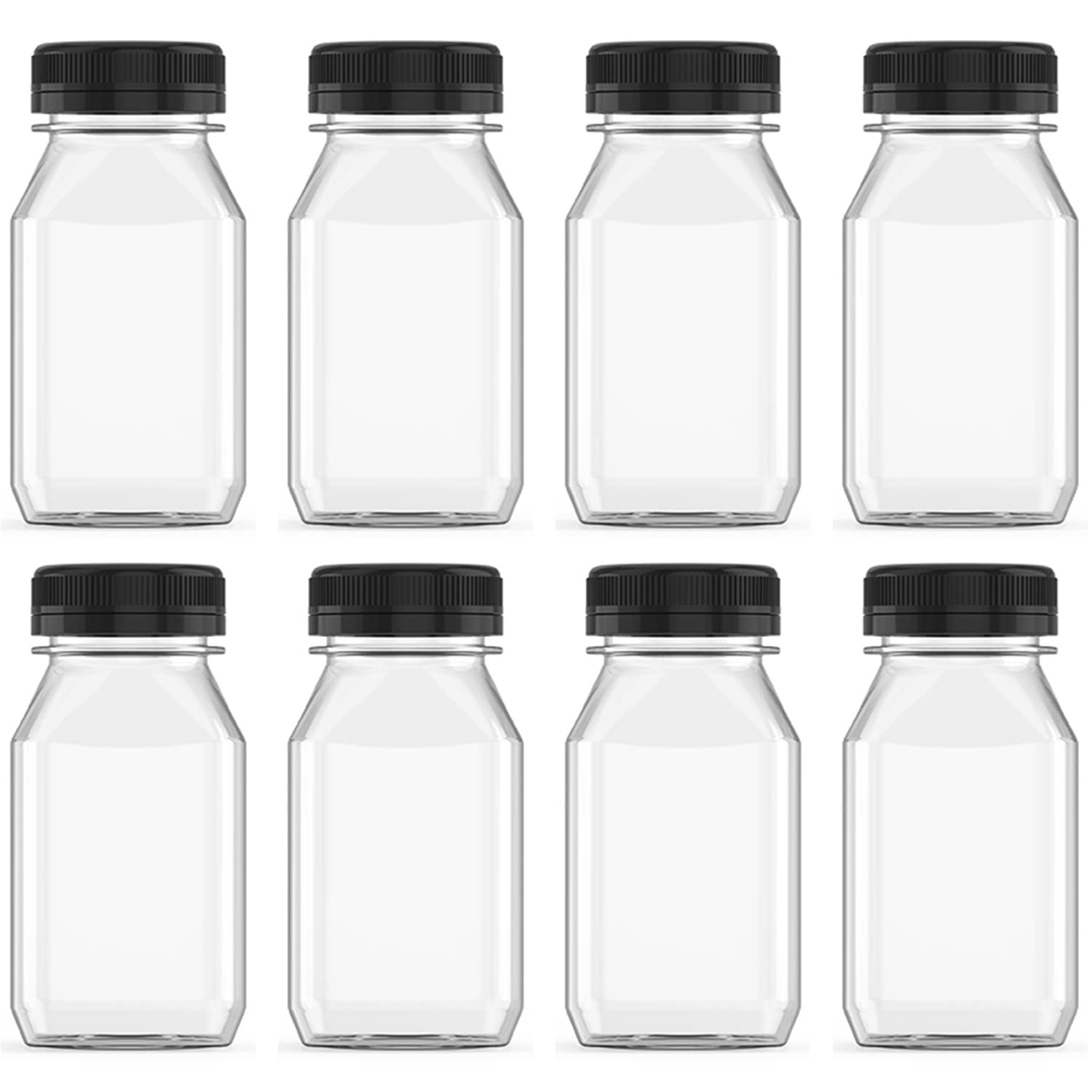 Botellas Hulless de plástico 8 onzas para jugos con tapas negras, ideales para llevar.