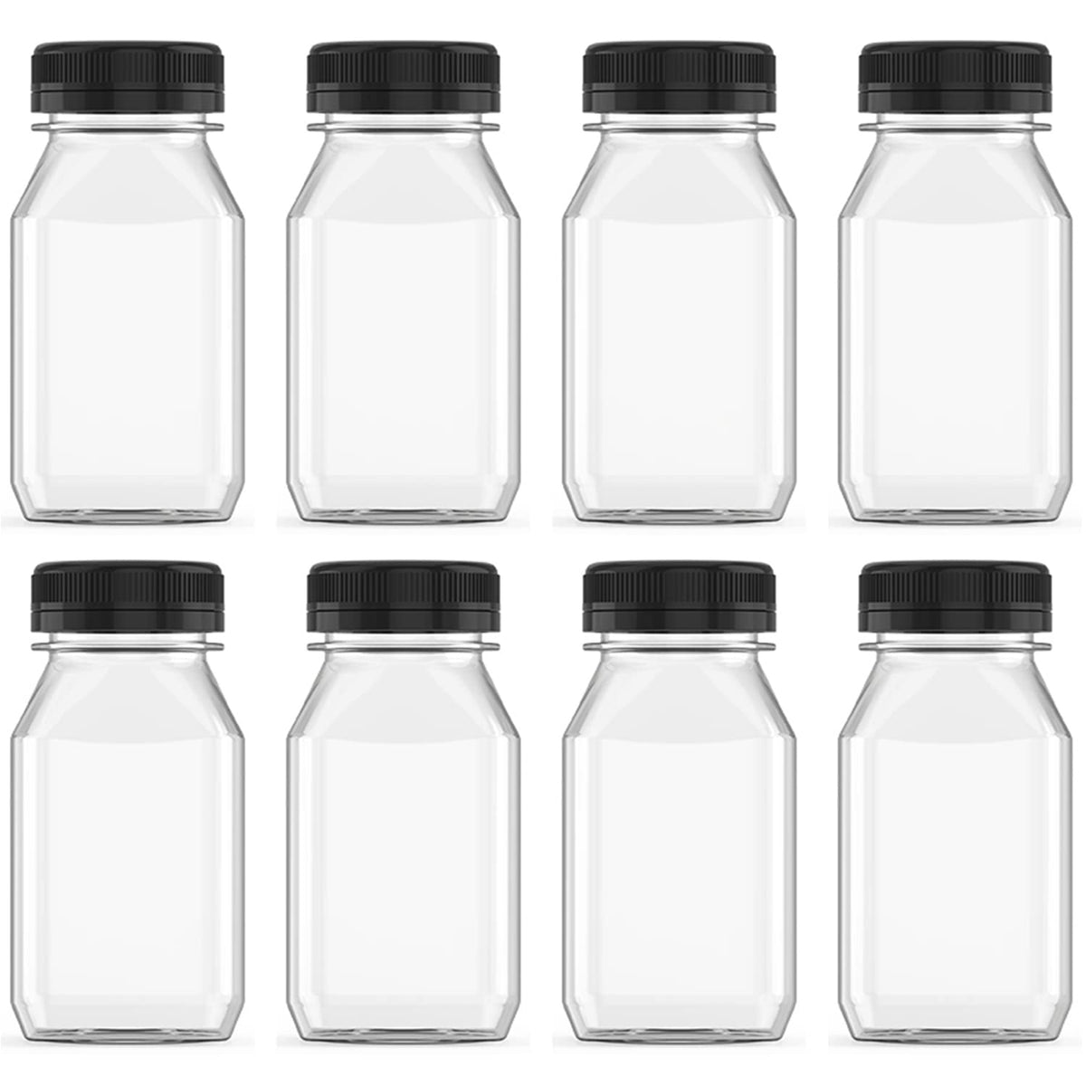 Botellas Hulless de plástico 8 onzas para jugos con tapas negras, ideales para llevar.