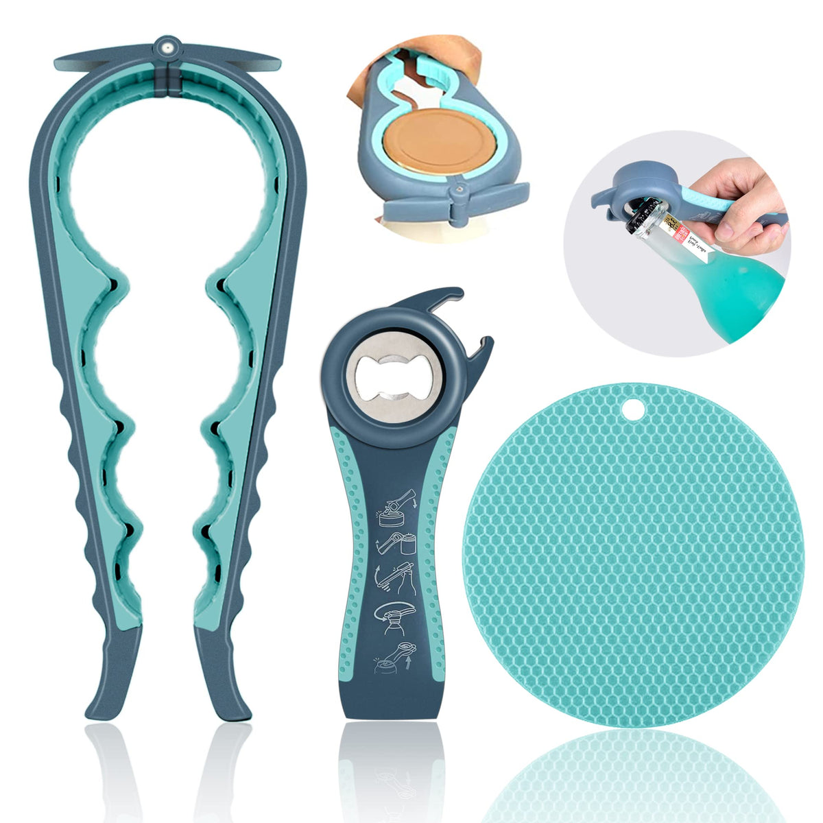 HUMANFUN abrelatas 4 en 1 con mango ergonómico facilita abrir tarros de diferentes tamaños.