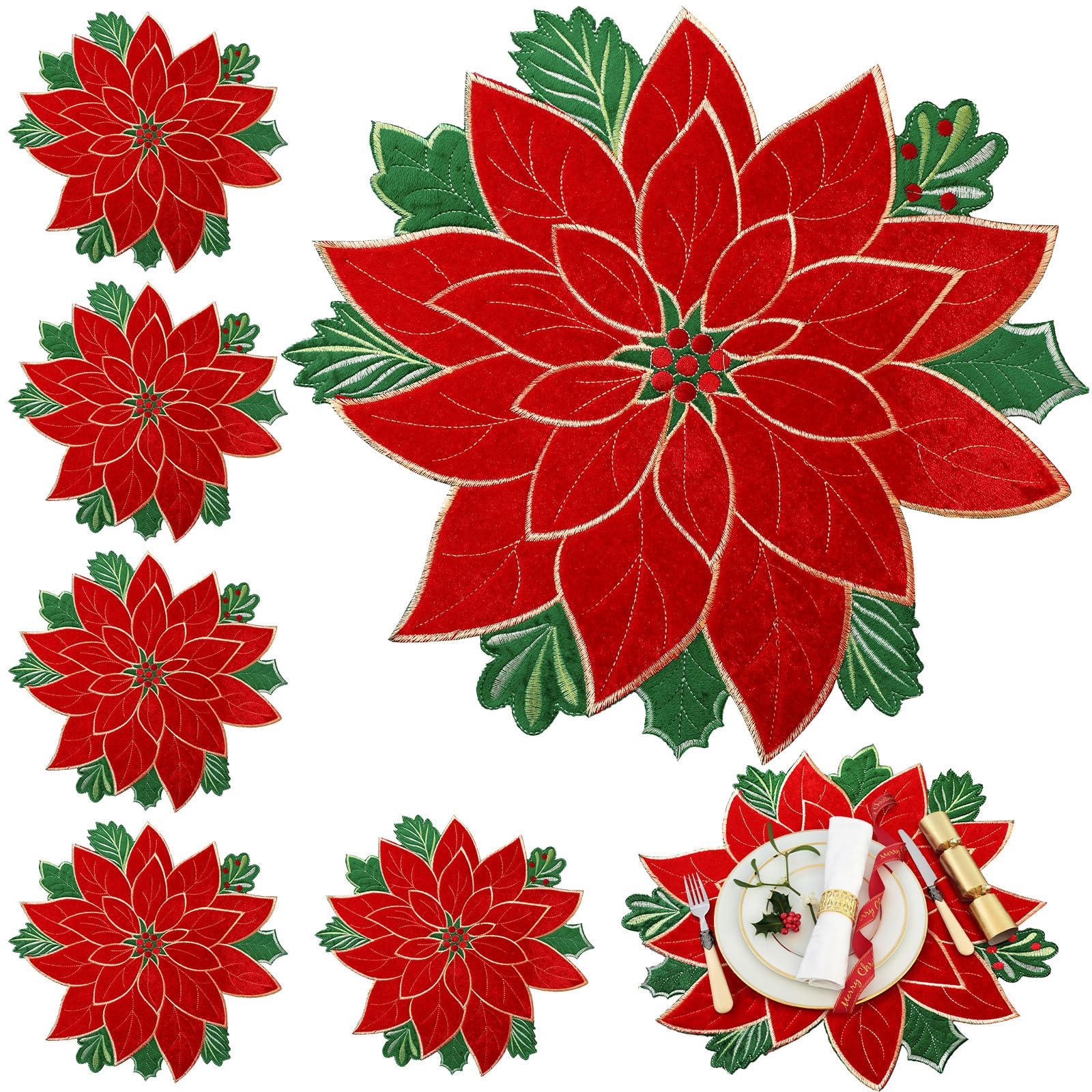 Mantel individual navideño HunnmingRe con poinsettia bordada para proteger la mesa.