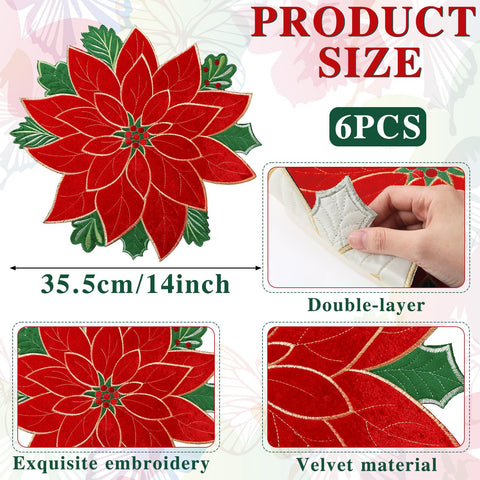 Detalle bordado de poinsettia en mantel HunnmingRe para cenas festivas.