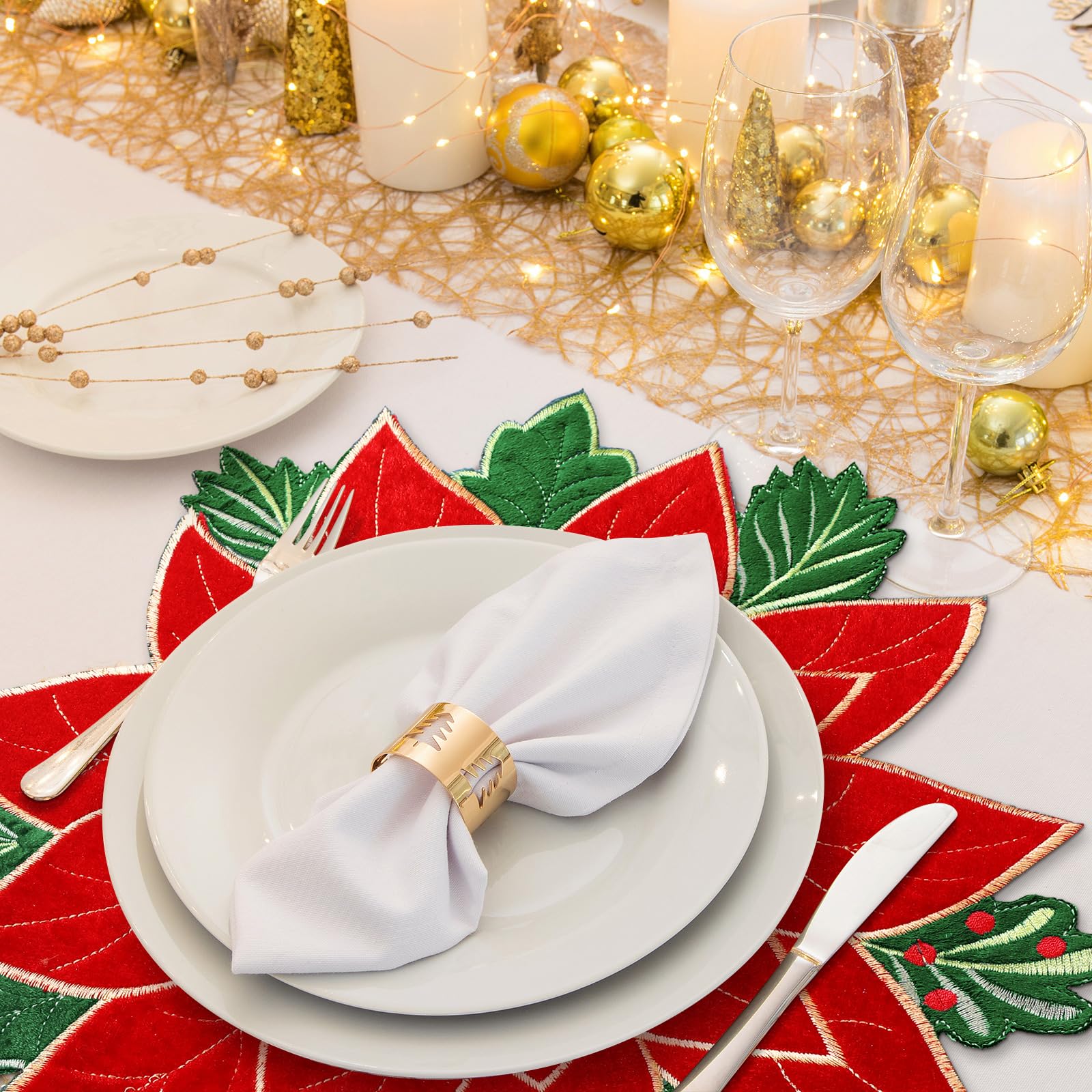 Mantel navideño de doble capa rojo y verde de HunnmingRe para ambientar la mesa.