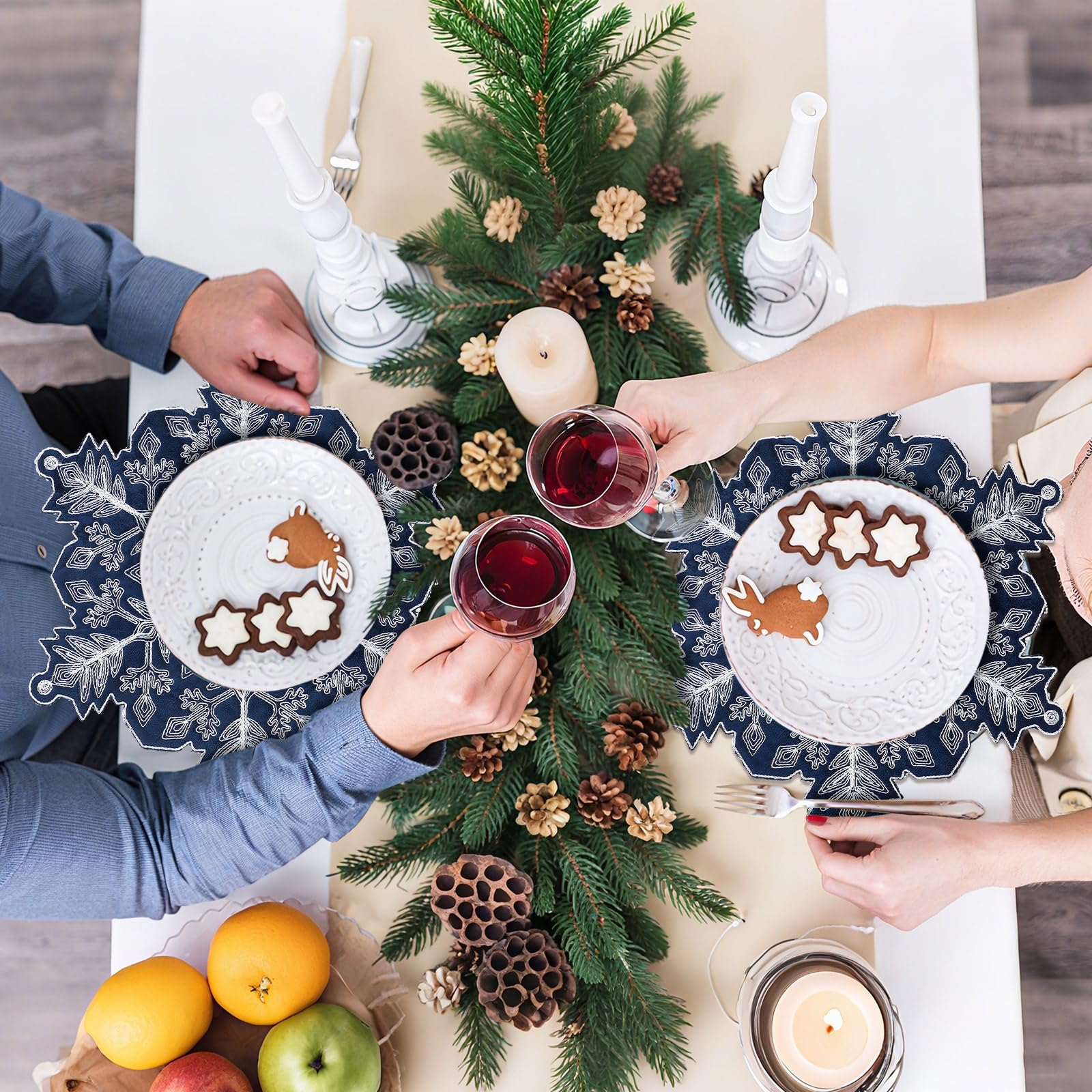 Manteles individuales HunnmingRe para Navidad con copos de nieve bordados