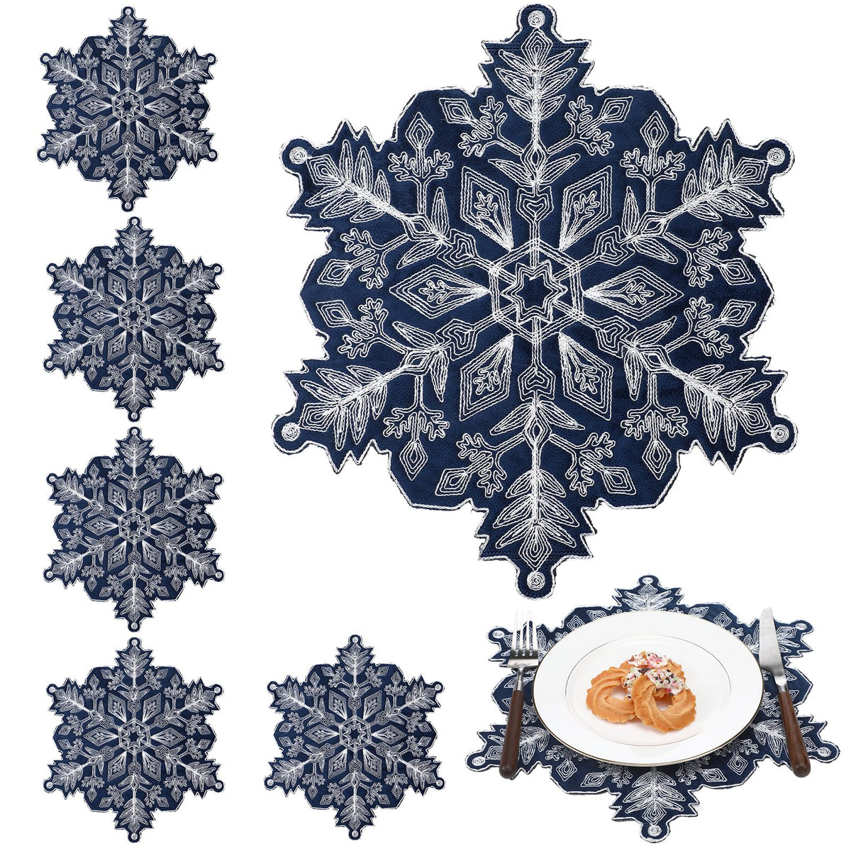 Manteles individuales HunnmingRe con copos de nieve bordados en azul para mesa festiva
