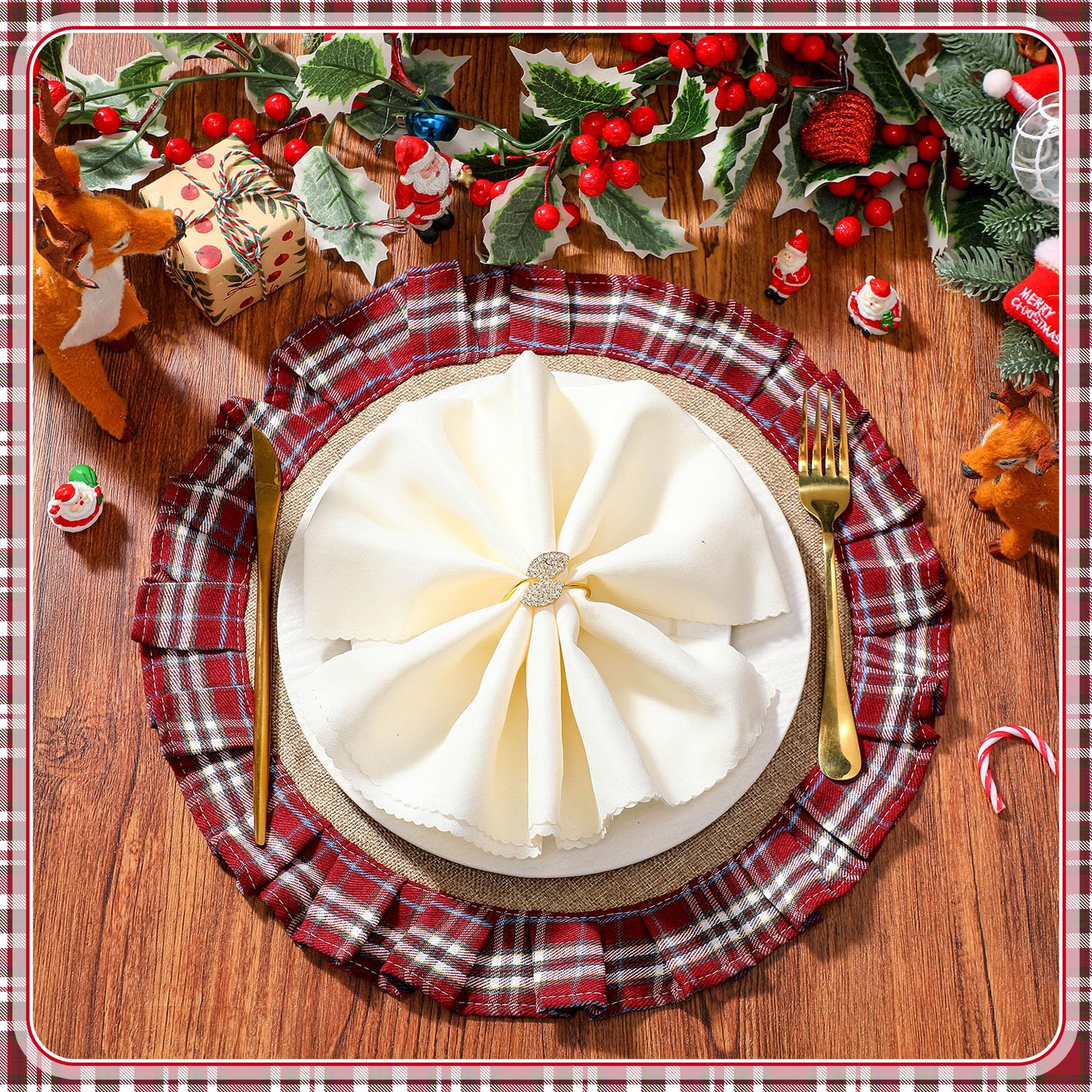Mantel navideño redondo tartán rojo para centro de mesa
