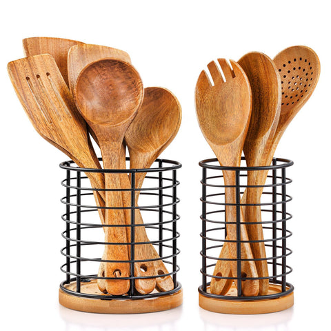hunnycook porta-utensilios de metal negro con dos piezas y base de madera para drenaje