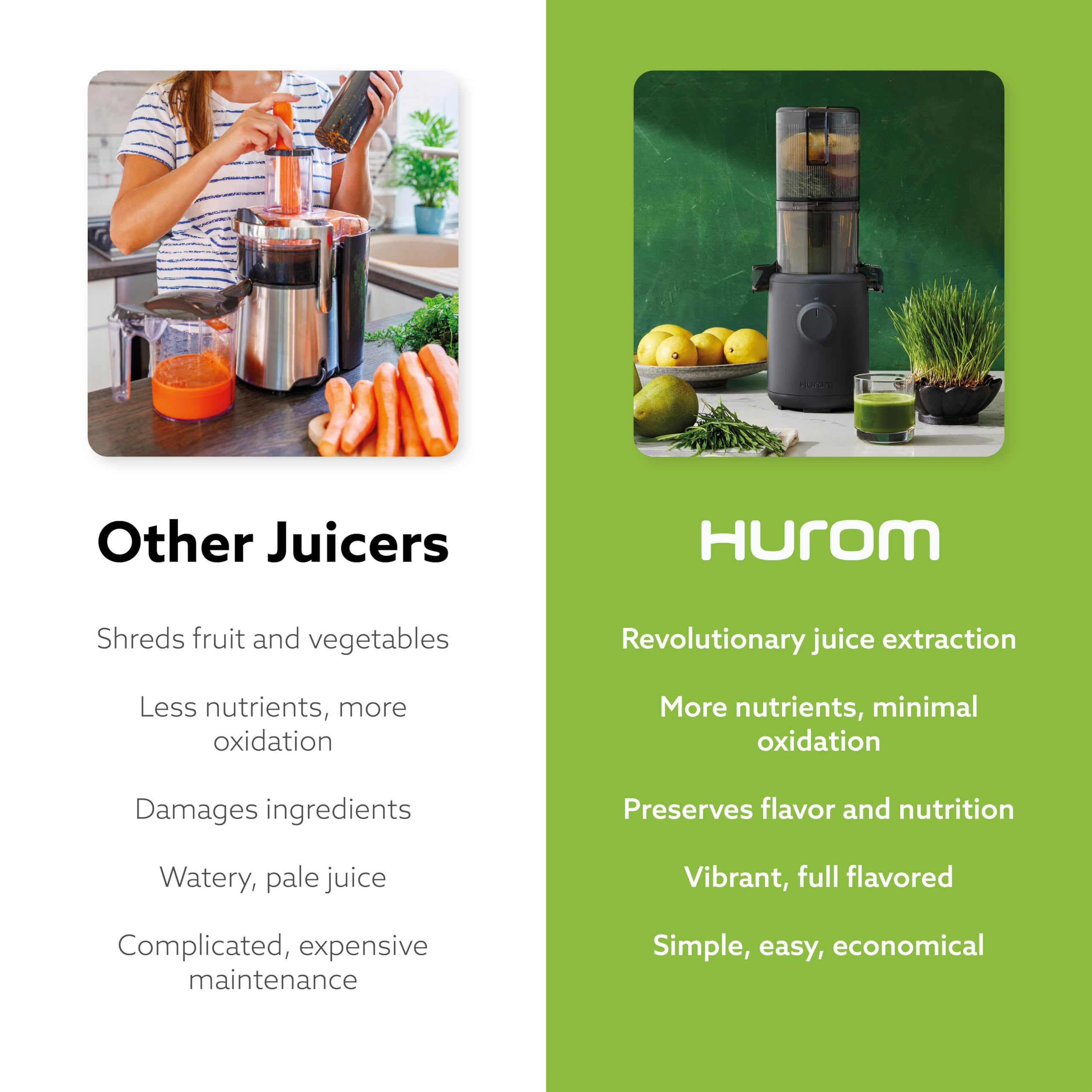 Hurom H310A comparación de tamaño en mano para valorar su portabilidad