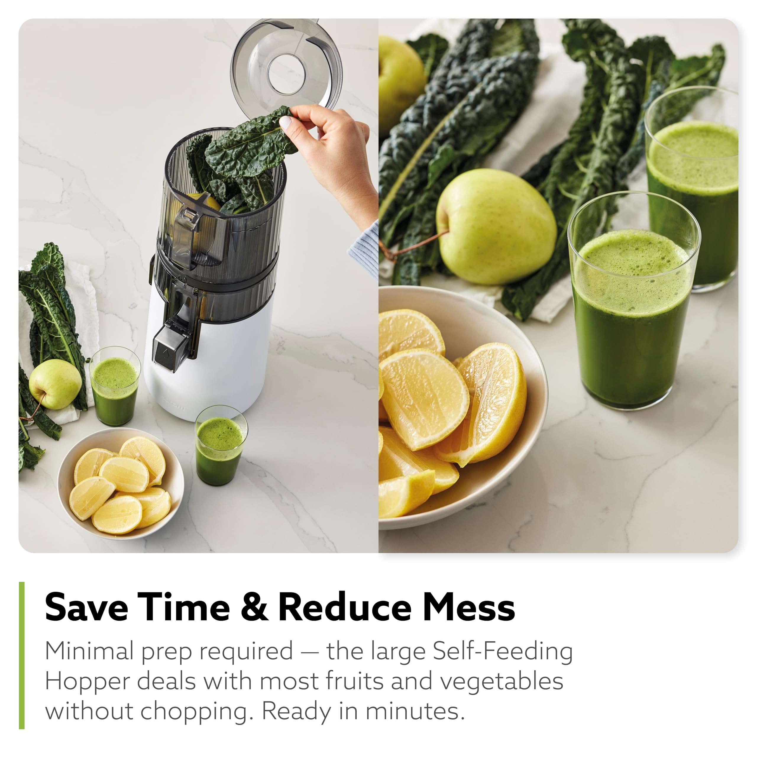 Hurom H70 extrayendo jugo de verduras demostrando eficiencia y fluidez