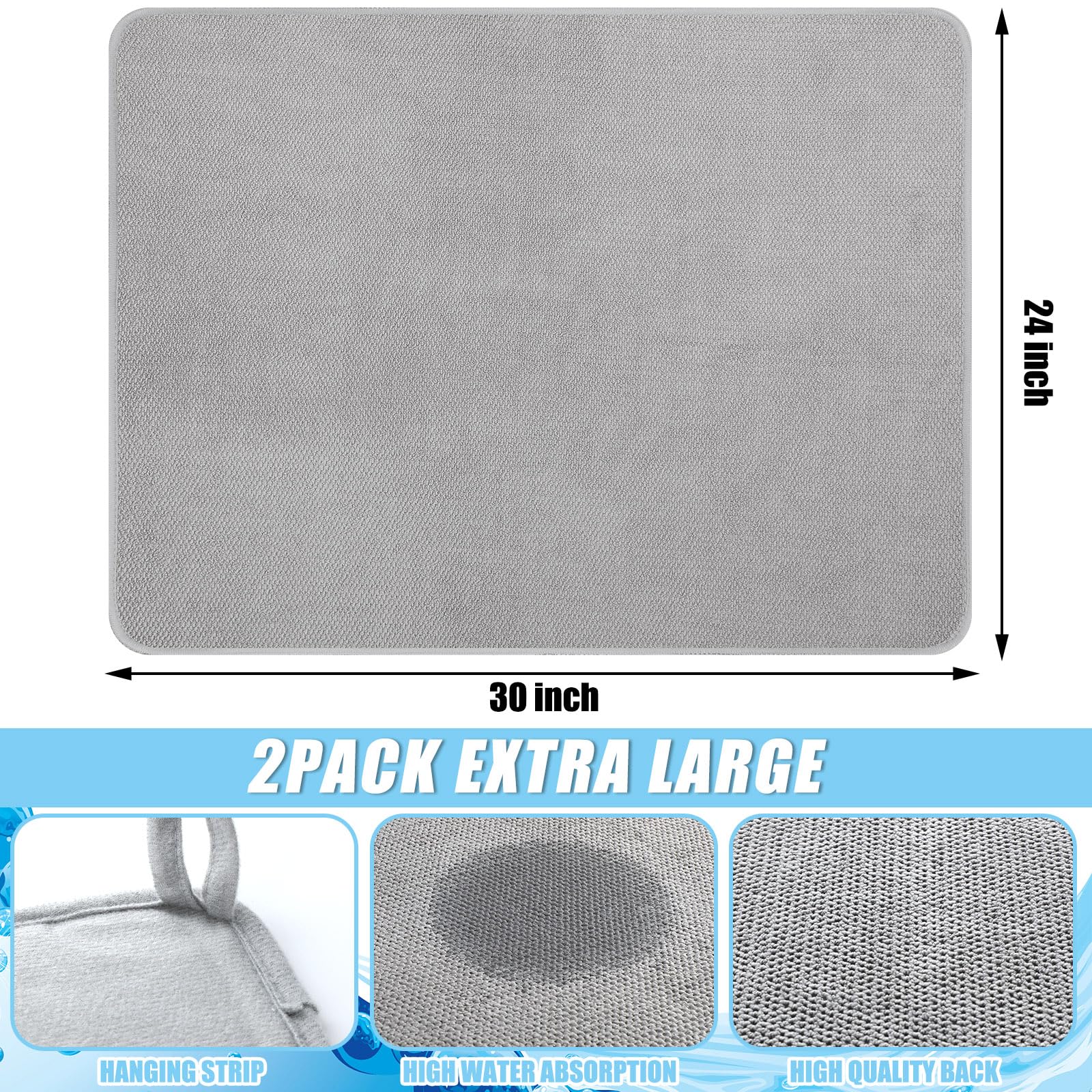 Hushee alfombrilla de secado grande 30x24 en gris, absorbe agua para platos y utensilios.