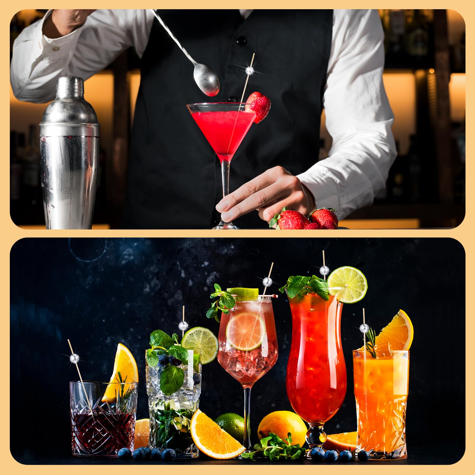 Hushee palillos coctel bambú bola disco brilla, ideal para decorar tapas y cócteles.