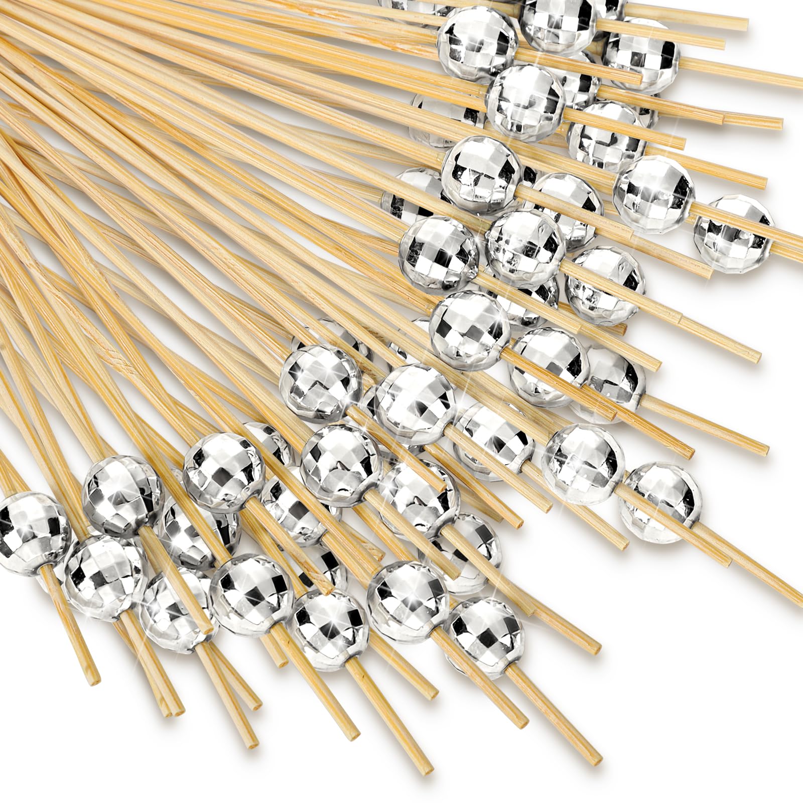 Hushee palillos coctel bambú 12 cm con bola disco plata para presentaciones elegantes.