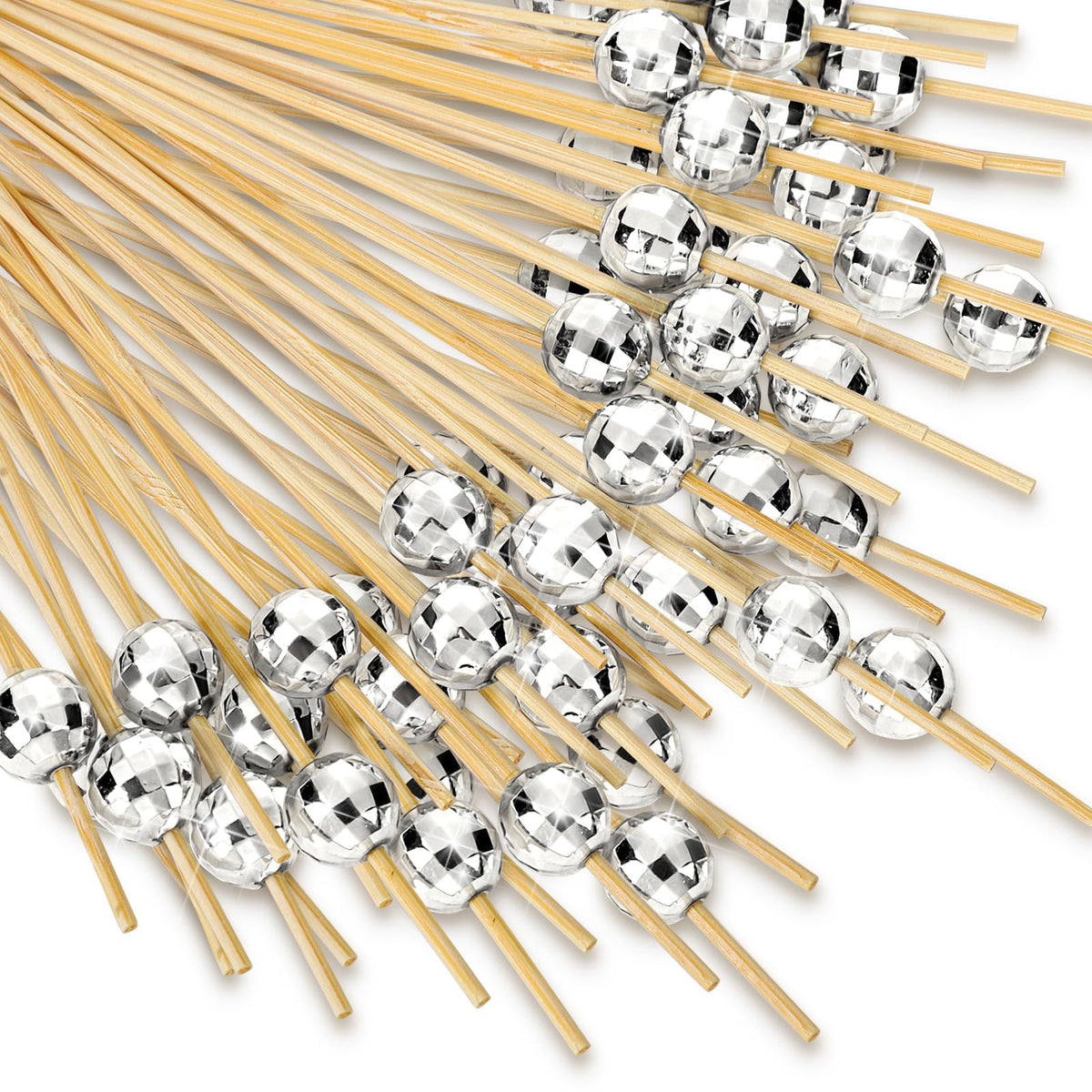 Hushee palillos coctel bambú 12 cm con bola disco plata para presentaciones elegantes.