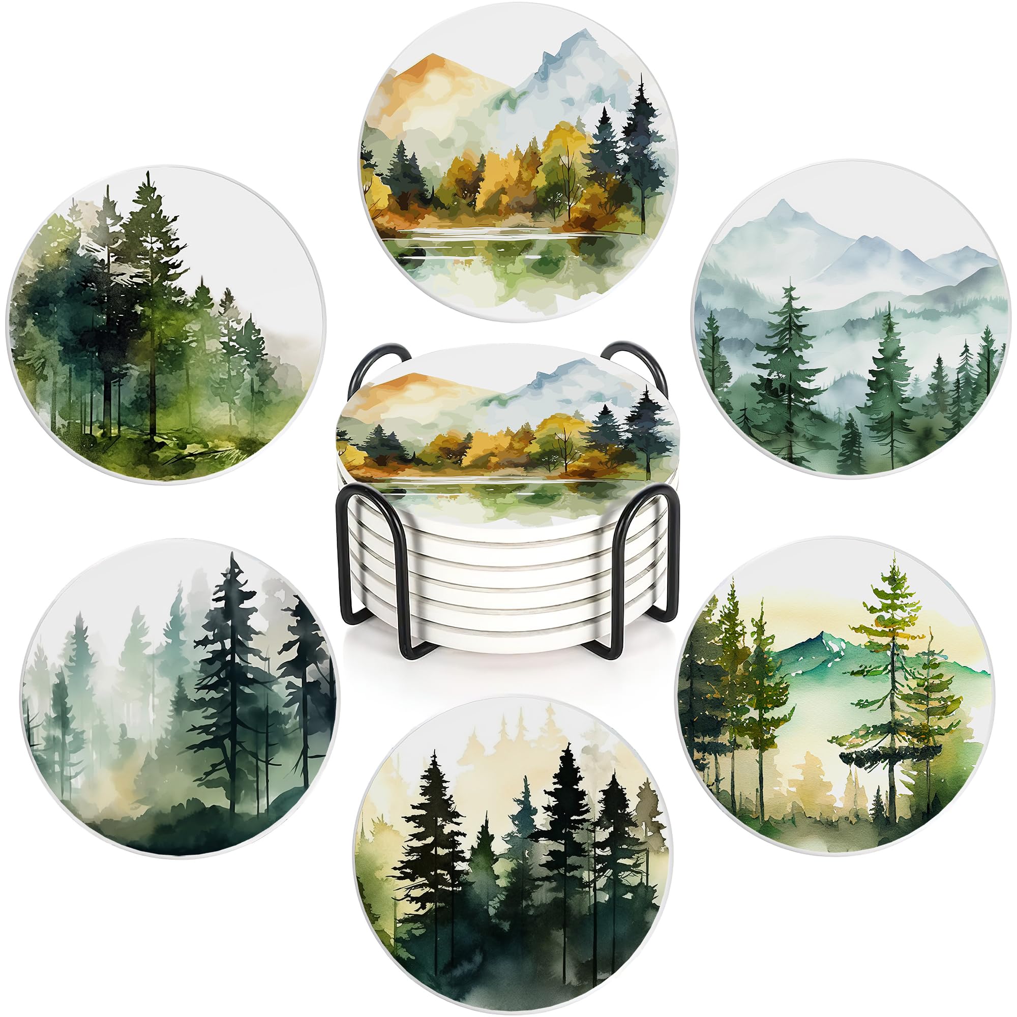 HUSITI posavasos cerámicos, diseño acuarela bosque niebla, protege muebles con estilo