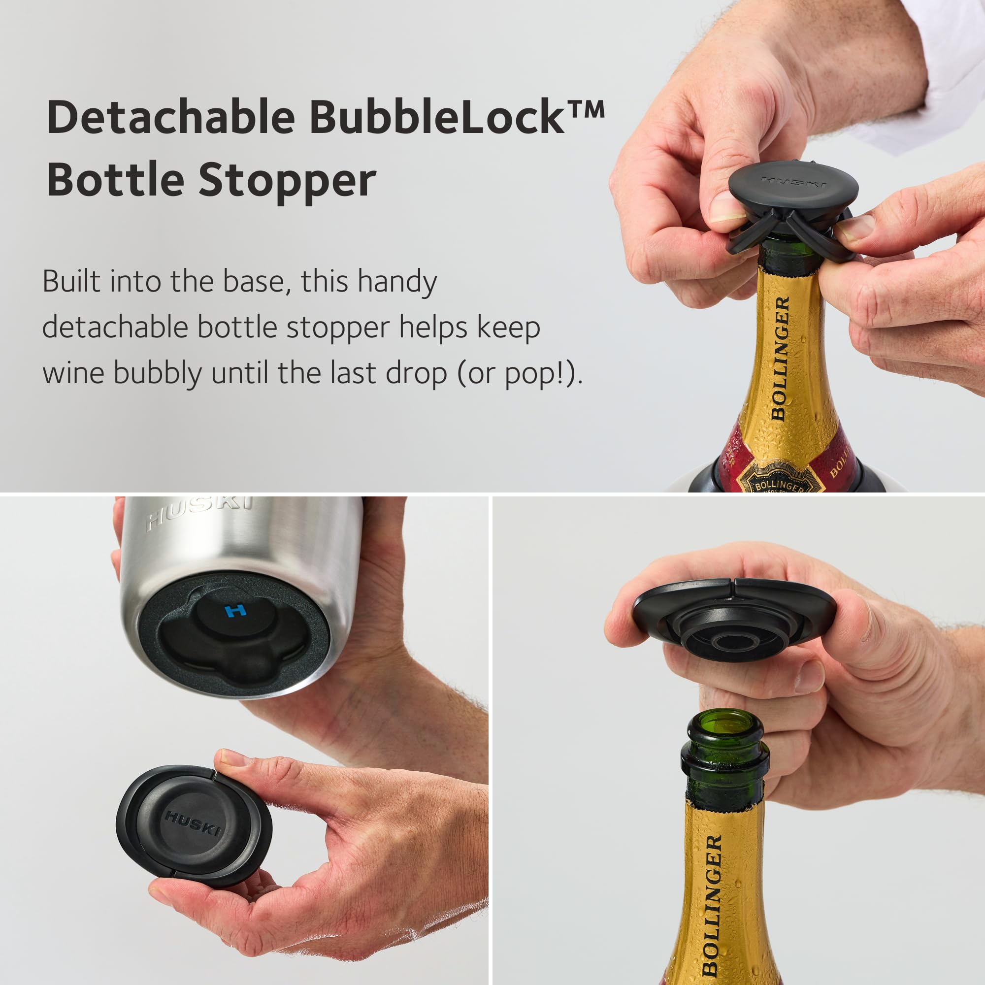 Tapón BubbleLock integrado sella la botella y conserva las burbujas.