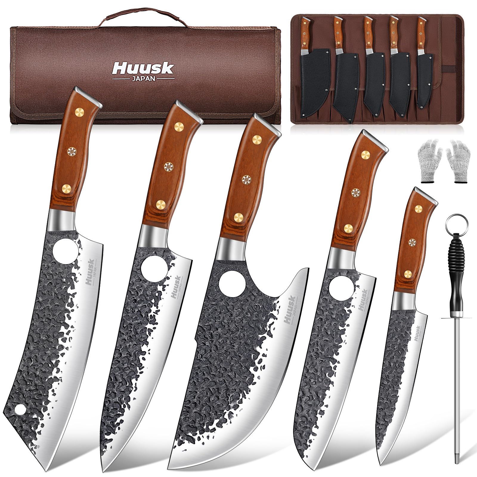 Huusk Conjunto de cuchillos de carnicero de 8 piezas con funda para cocina y camping
