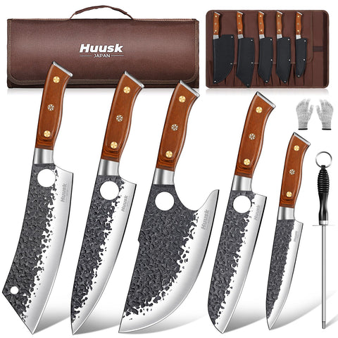 Huusk Conjunto de cuchillos de carnicero de 8 piezas con funda para cocina y camping
