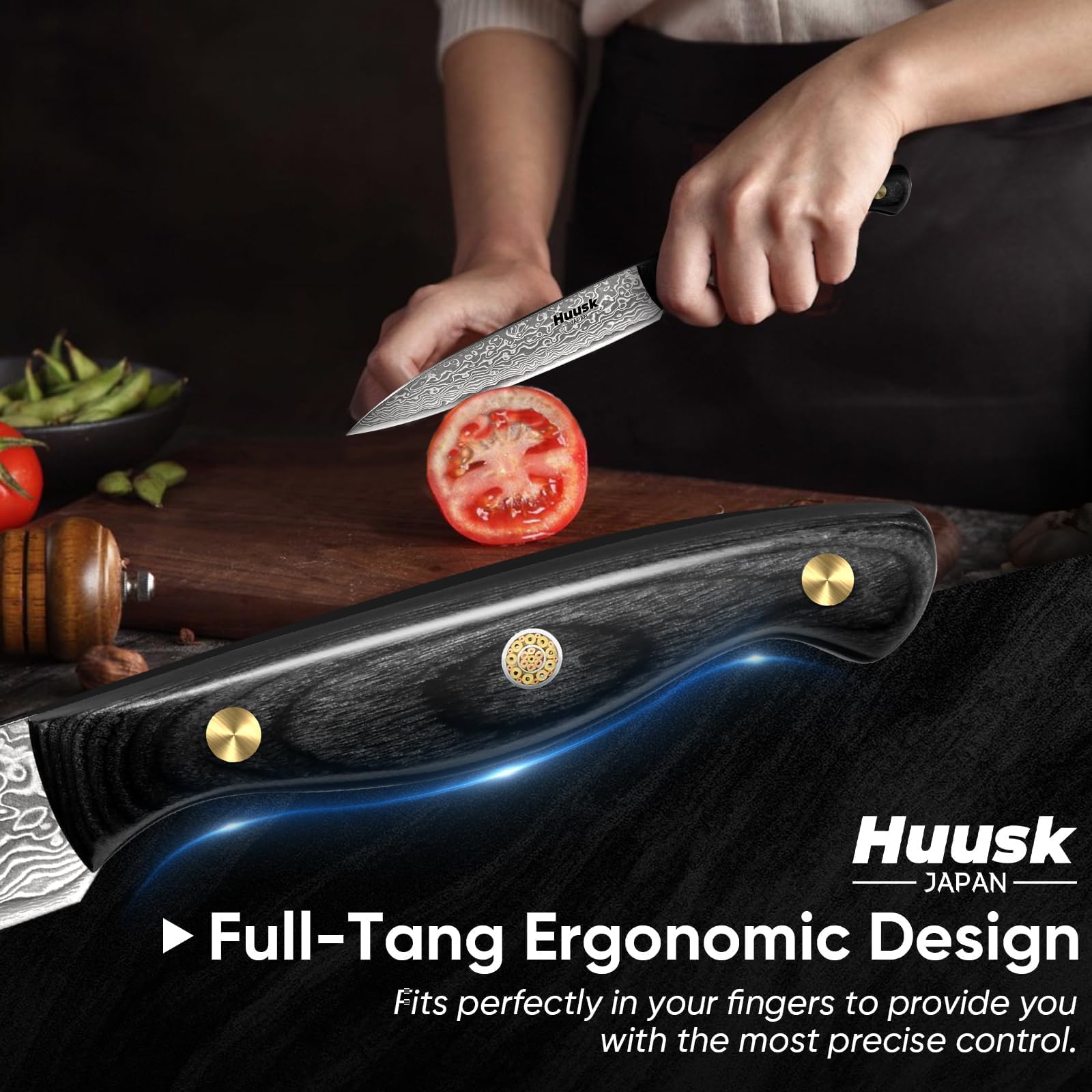 Corte preciso de verduras y frutas con hoja Huusk damasco.