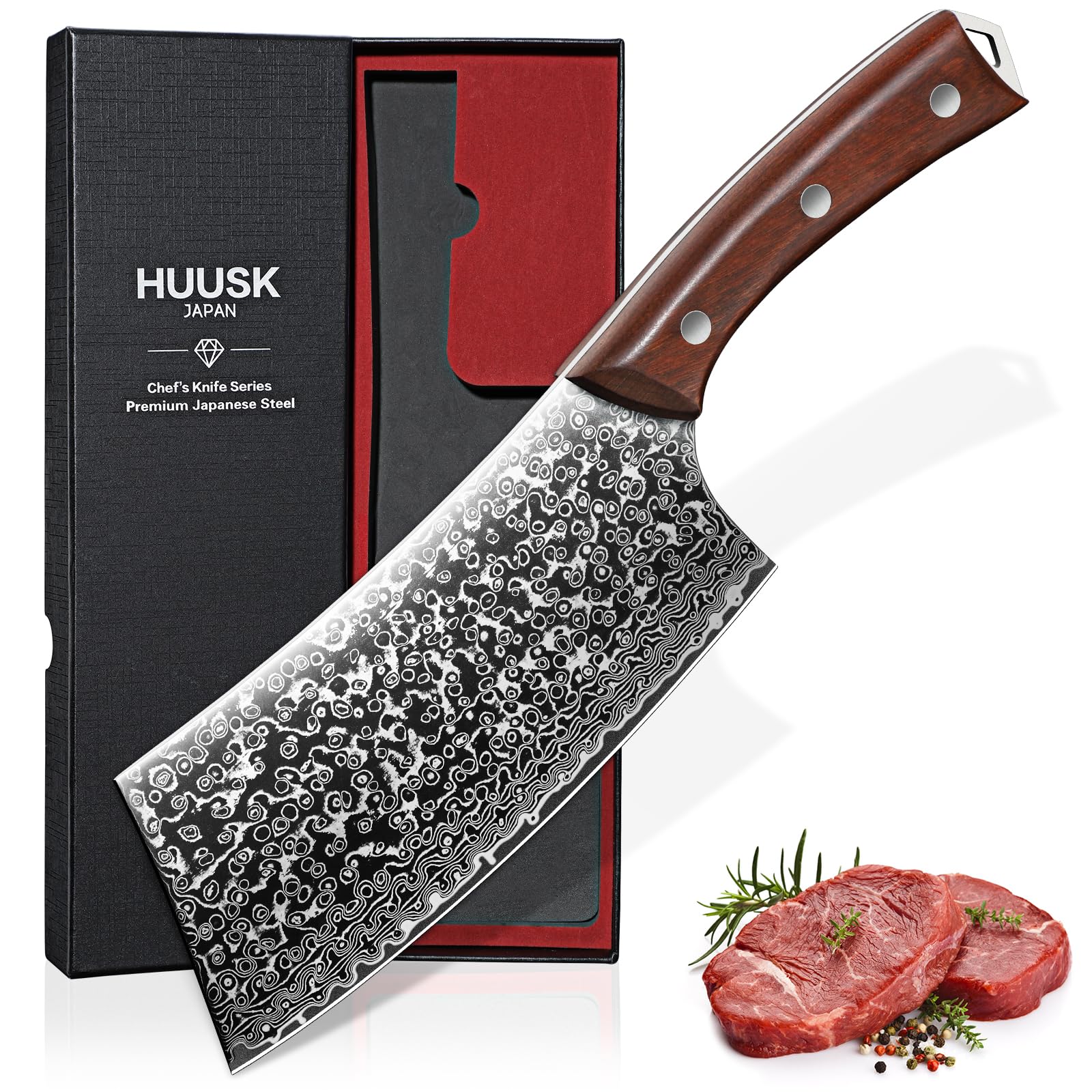 Huusk Cuchillo de carnicero japonés con hoja damasco para cortes precisos de carne