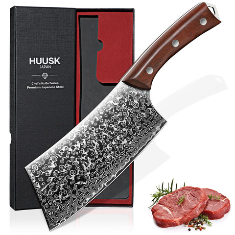 Huusk Cuchillo de carnicero japonés con hoja damasco para cortes precisos de carne